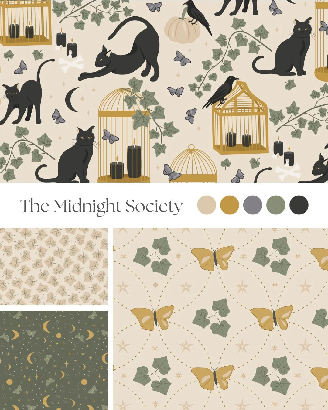 The Midnight Society surface pattern collection featuring black cats, birds, butterflies and vintage Halloween-inspired botanical details.