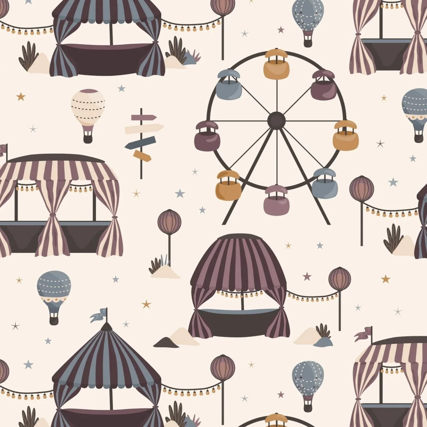 Dusk Fairground pattern collection inspired by vintage fairgrounds with ferris wheels, tents, hot air balloons and festival lights.