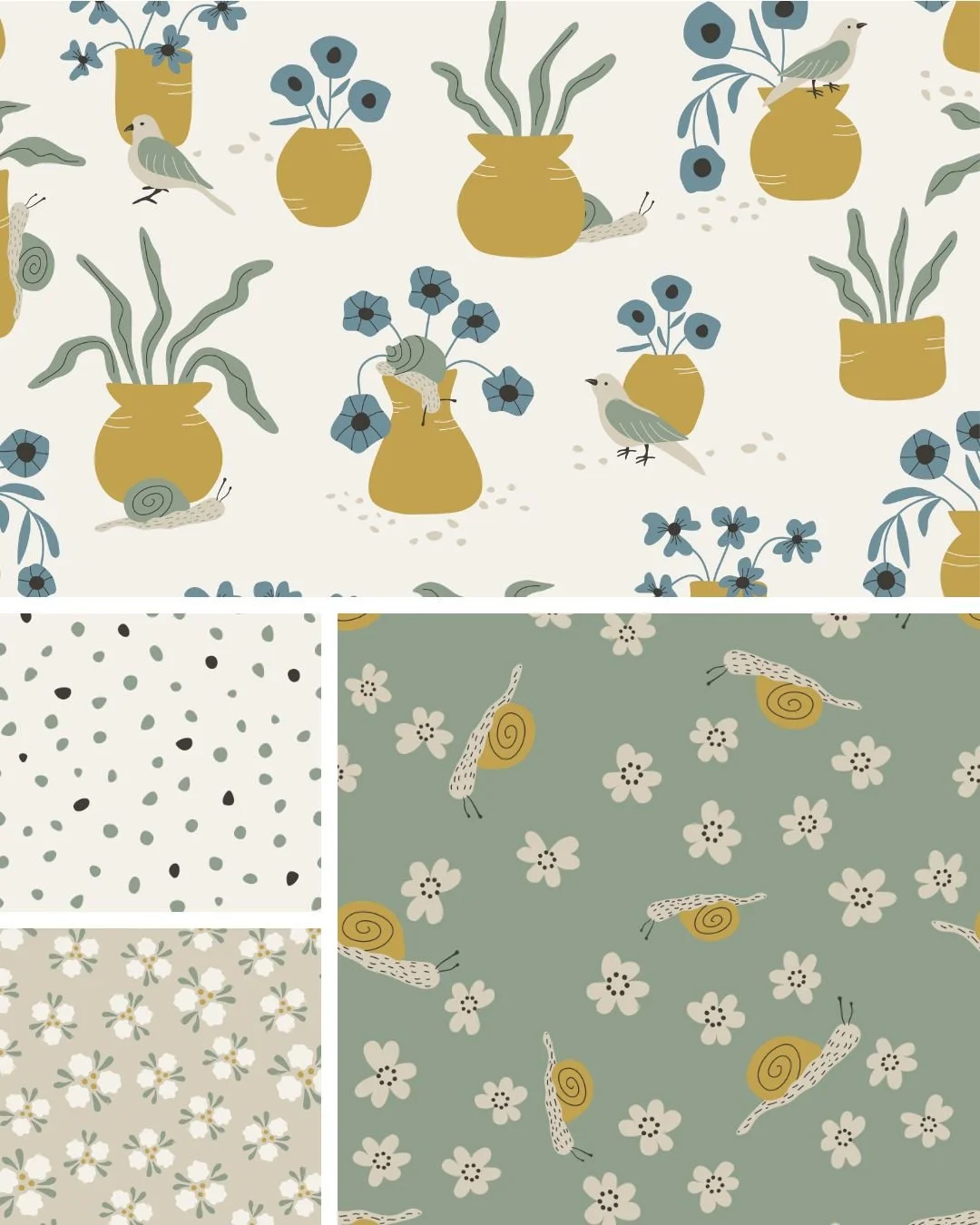 Garden Poetry surface pattern collection with illustrated vases, flowers and potted plants inspired by a quiet whimsical garden.