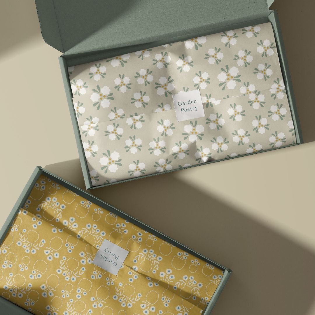Tissue paper mockup featuring the Garden Poetry collection designed for premium gift packaging and coordinated paper goods.