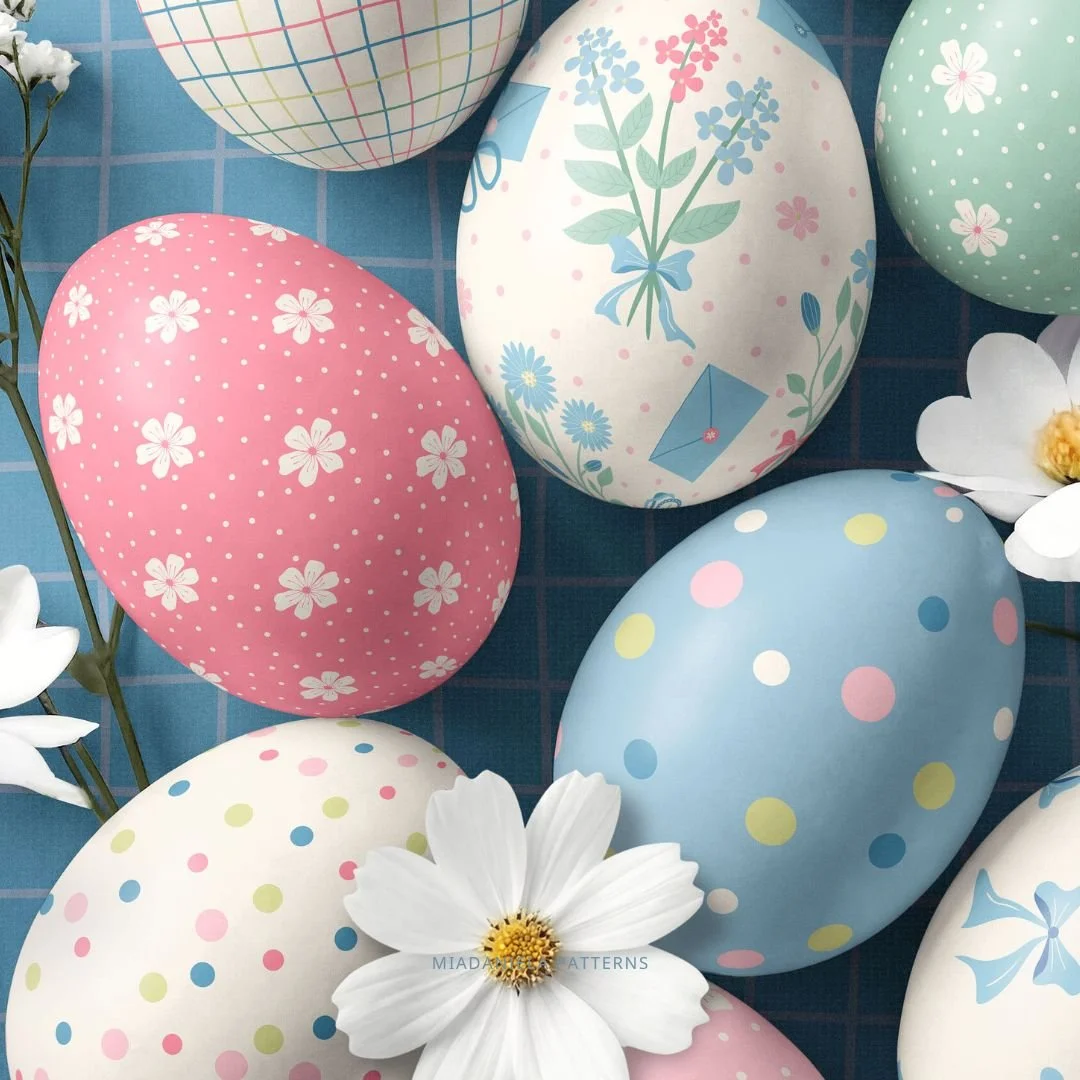 Seasonal Easter collection featuring Studio Spring floral surface patterns applied to decorative Easter eggs and spring home décor products.