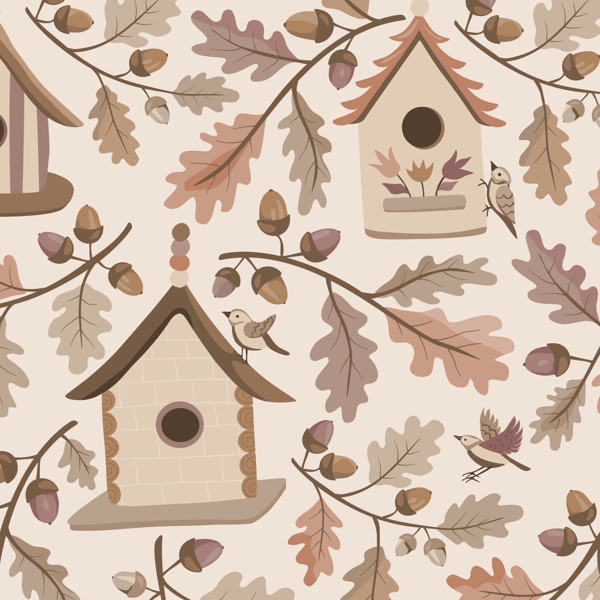 Under the Oaks surface pattern collection by Mia Daniela Design, featuring oak leaves, acorns, birdhouses, mushrooms and warm autumn plaid coordinates.