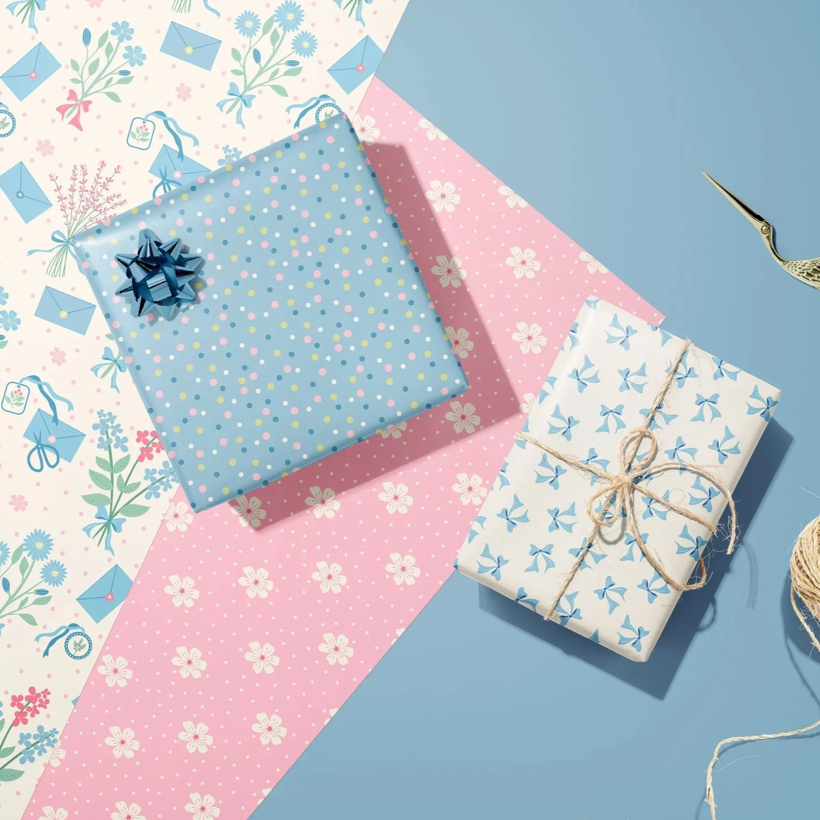 Gift packaging mockup featuring the Studio Spring floral surface pattern collection applied to boutique gift boxes, wrapping paper and coordinated paper goods.