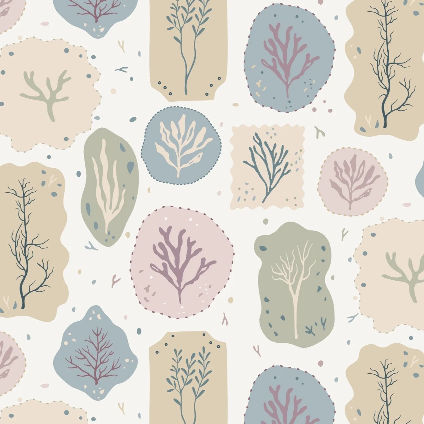 Collected Sea Botanicals pattern collection featuring vintage-inspired seaweed specimen illustrations in a soft coastal color palette.