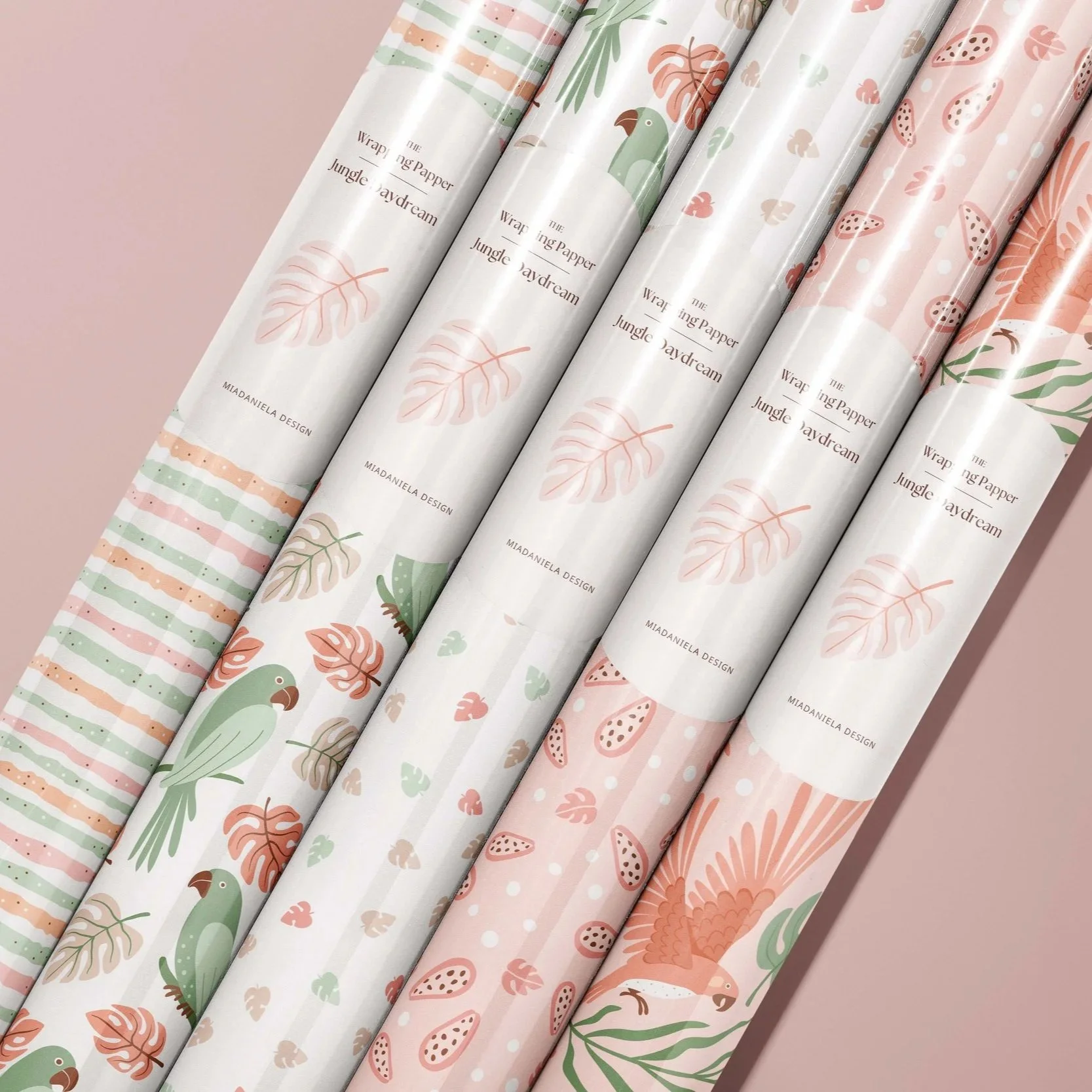 Jungle Daydream pattern collection applied to coordinated wrapping paper rolls