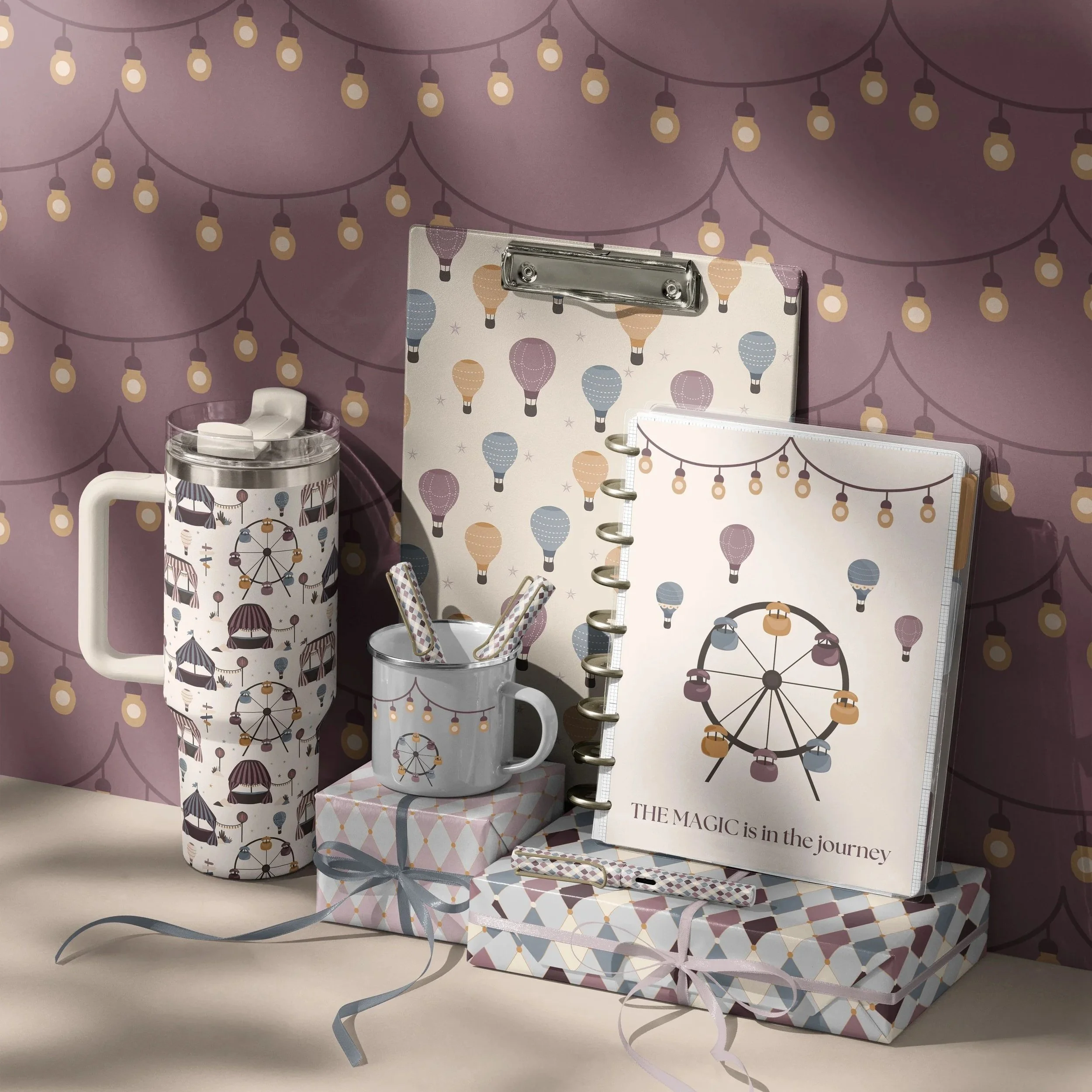 Stationery mockup showcasing the Dusk Fairground collection on notebooks, planners, mugs and coordinated desk accessories.