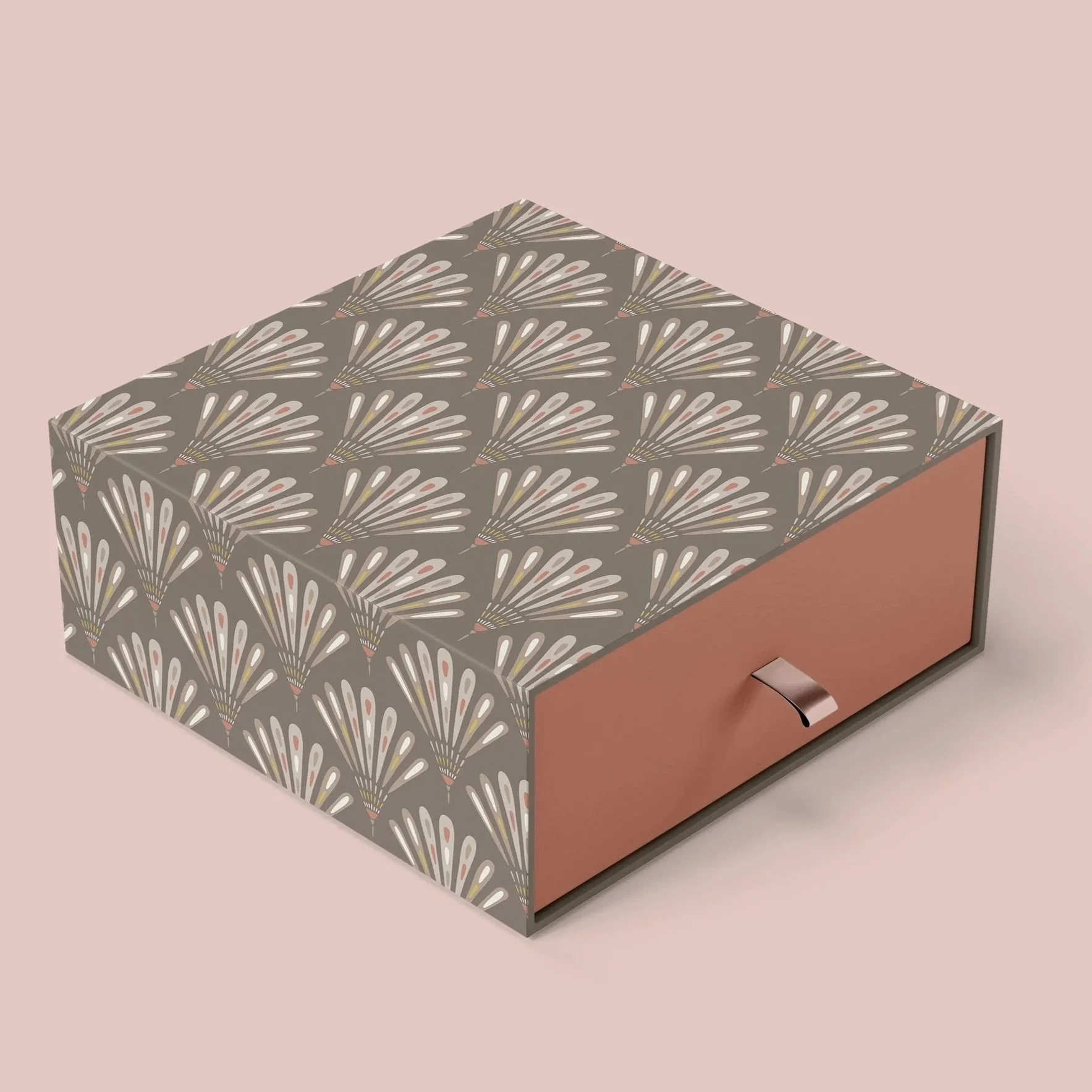 Boutique gift box mockup featuring the Parrot Garden collection in the Cocoa Brown colorway applied to premium packaging.