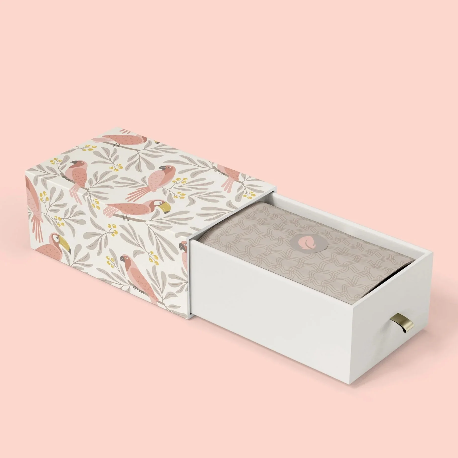 Boutique packaging mockup featuring the Parrot Garden collection in the Soft Sand colorway applied to premium gift boxes.