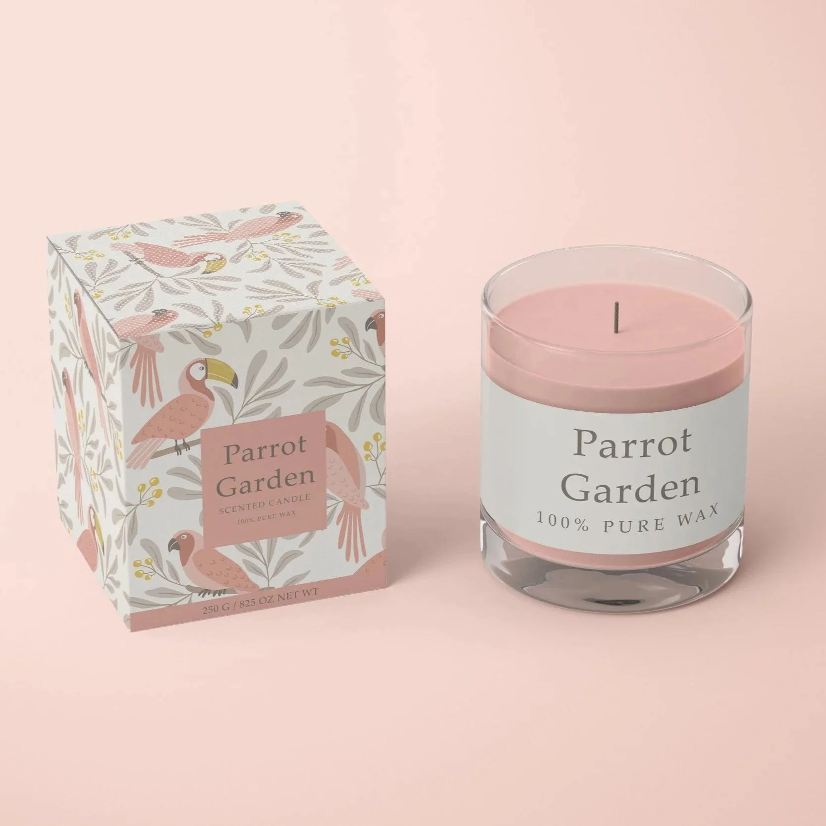 Home fragrance packaging mockup featuring the Parrot Garden Soft Sand colorway applied to a candle and coordinated gift box.
