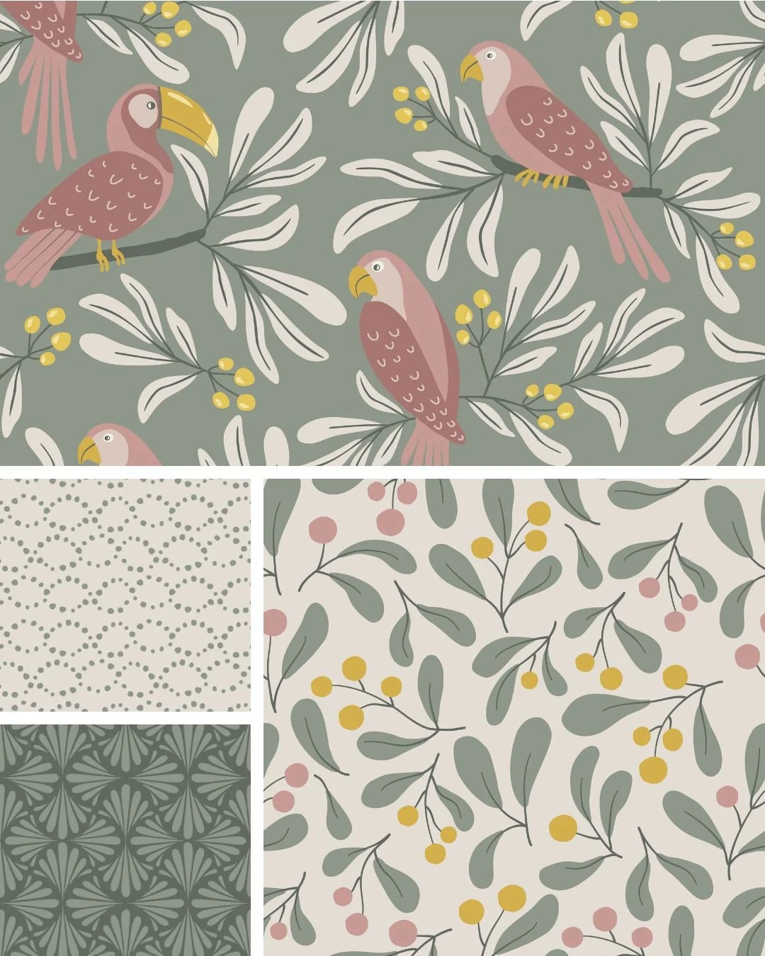 Parrot Garden - moss green surface pattern collection featuring parrots, branches and earthy botanical elements.