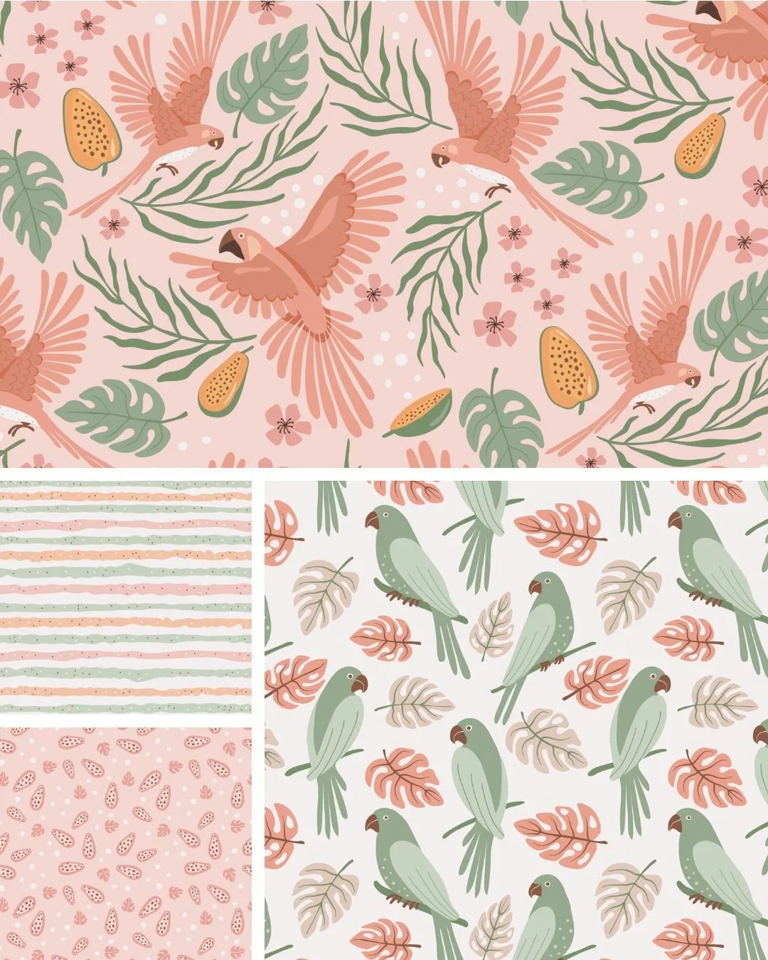 Jungle Daydream surface pattern collection featuring tropical birds, botanical foliage and playful jungle-inspired motifs.