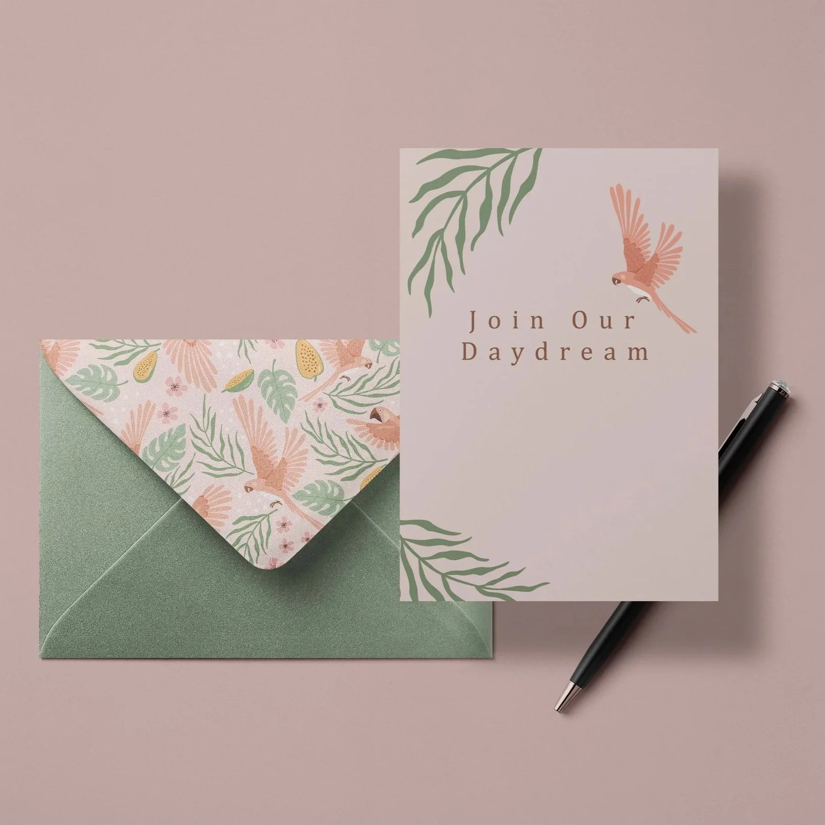 Jungle Daydream tropical bird design applied to a card and coordinated patterned envelope