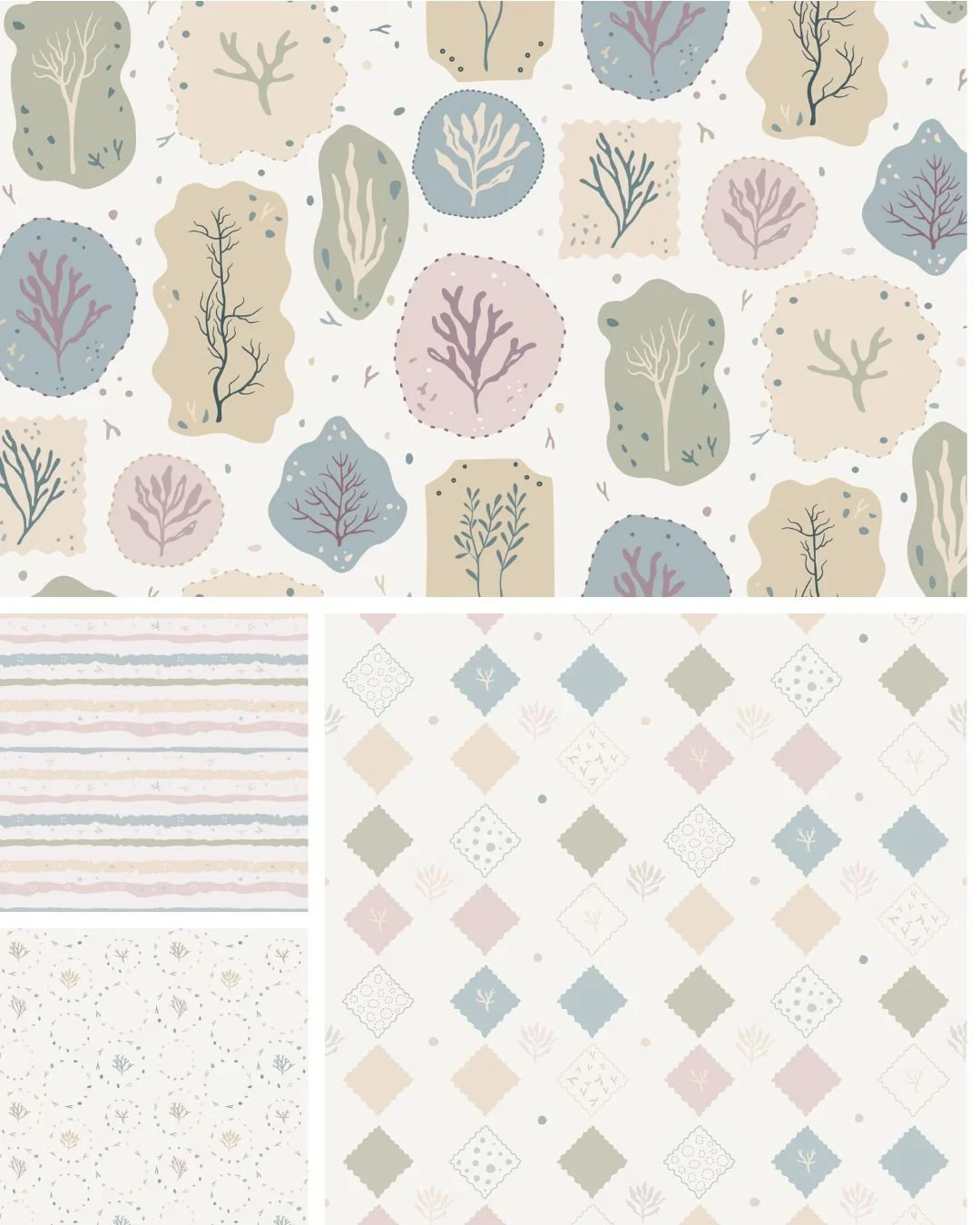Collected Sea Botanicals pattern collection featuring vintage-inspired seaweed specimen illustrations in a soft coastal colour palette.