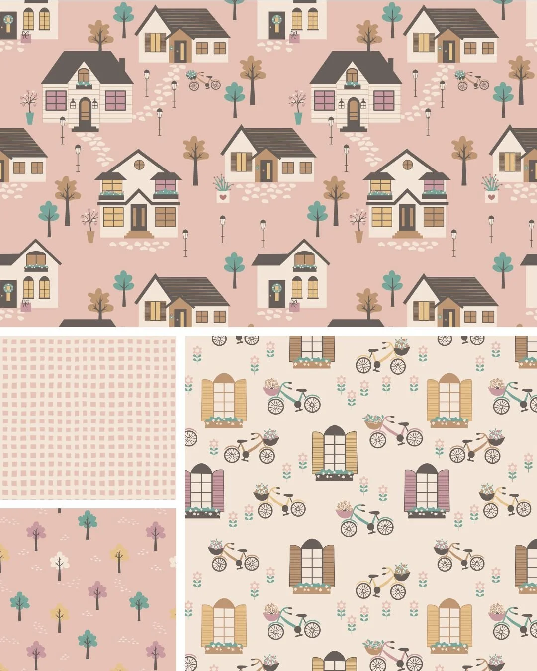 Love Lives Here surface pattern collection featuring illustrated houses, bicycles and cozy neighborhood motifs in a soft pastel palette.