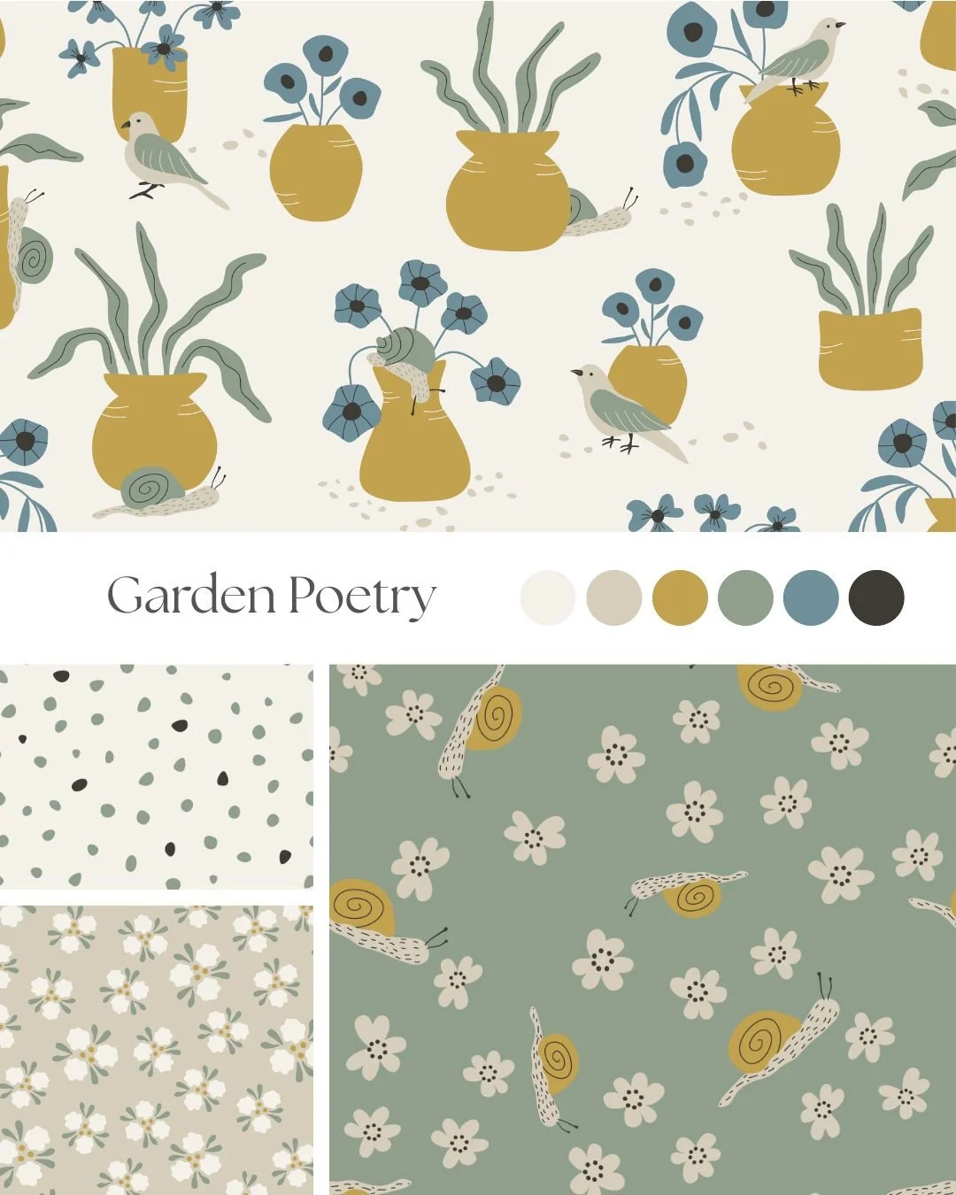 Garden Poetry surface pattern collection with illustrated vases, flowers and potted plants inspired by a quiet whimsical garden.