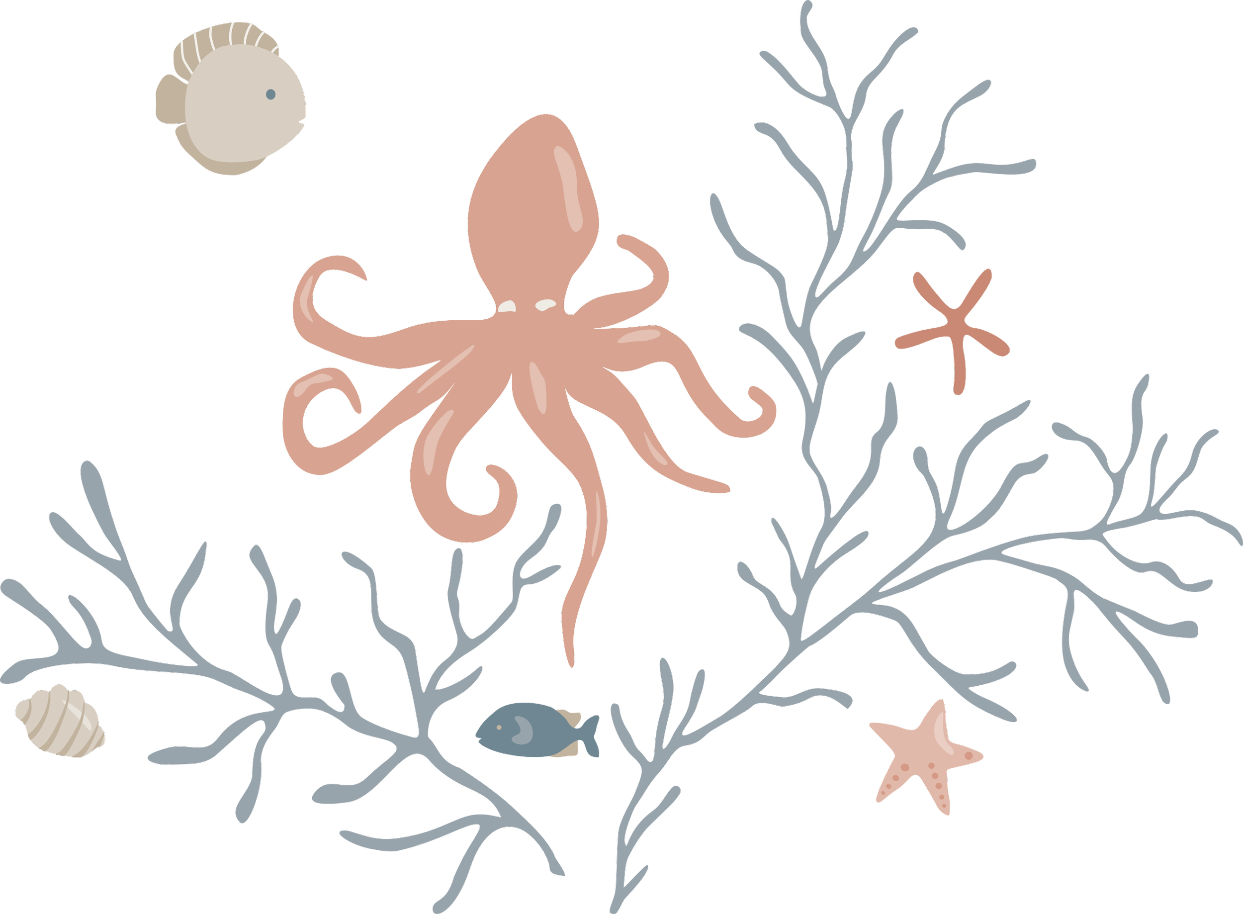 Illustrated octopus with coral branches and underwater botanical elements from the Coastal Coral Reef collection.