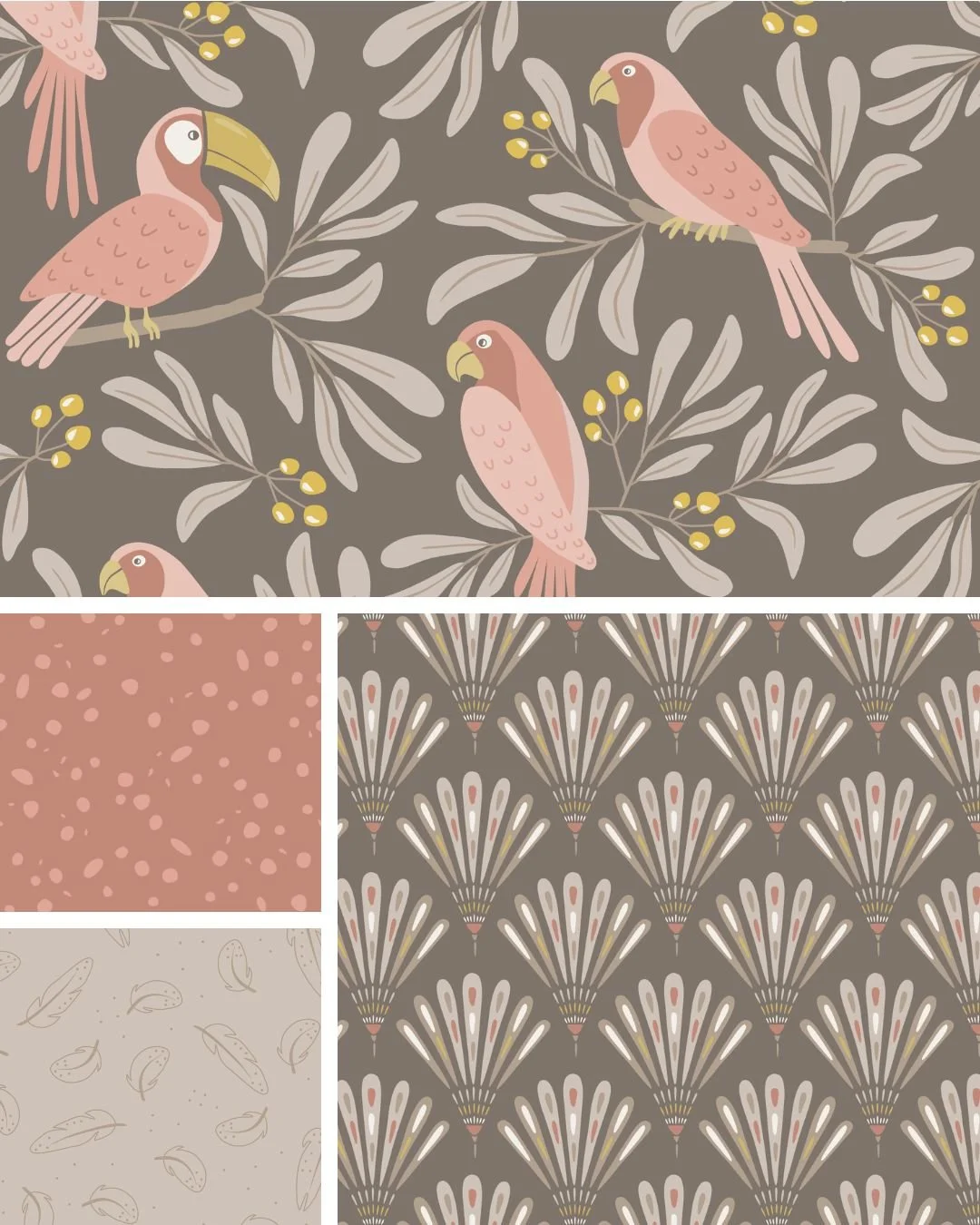 Parrot Garden surface pattern collection in Cocoa Brown colorway featuring parrots and toucans, tropical branches and earthy botanical elements.