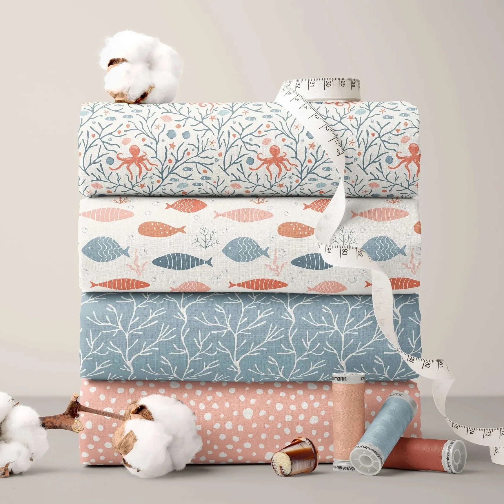 Fabric collection featuring coordinated surface pattern designs from the Coastal Coral Reef collection in the Sunlit Coral colorway.