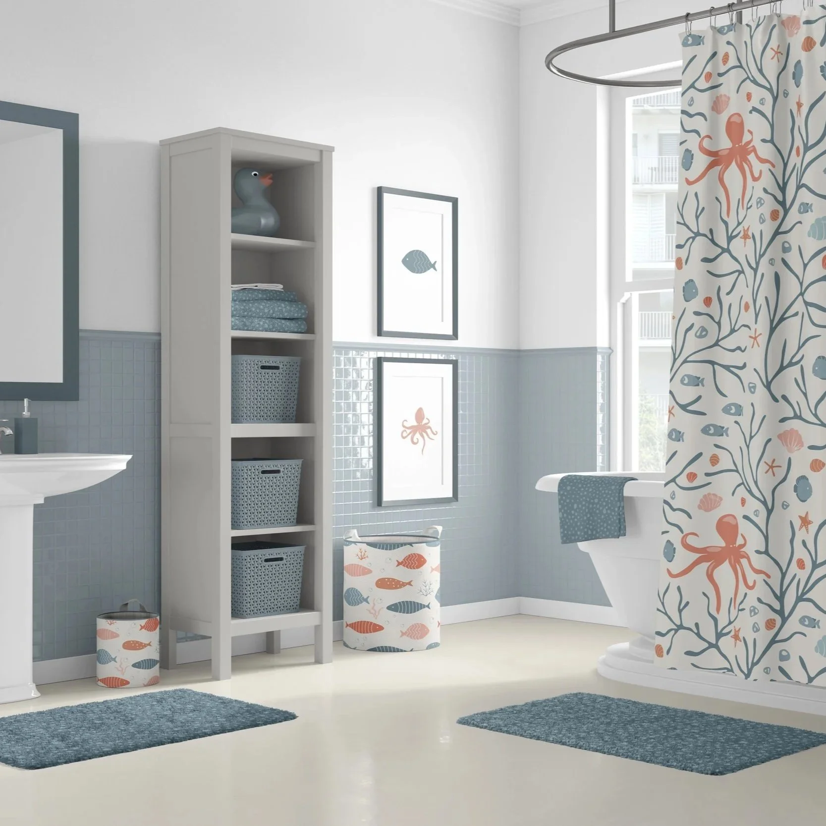 Home goods mockup featuring the Coastal Coral Reef collection in the Sunlit Coral colorway applied to bathroom accessories and home décor products.