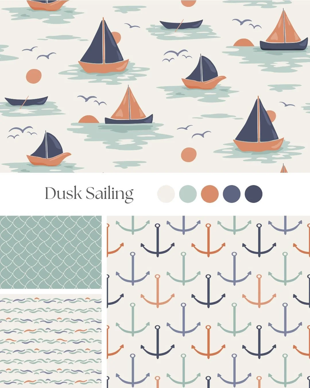 Dusk Sailing surface pattern collection featuring sailboats, calm waves and nautical motifs in soft coastal colors.