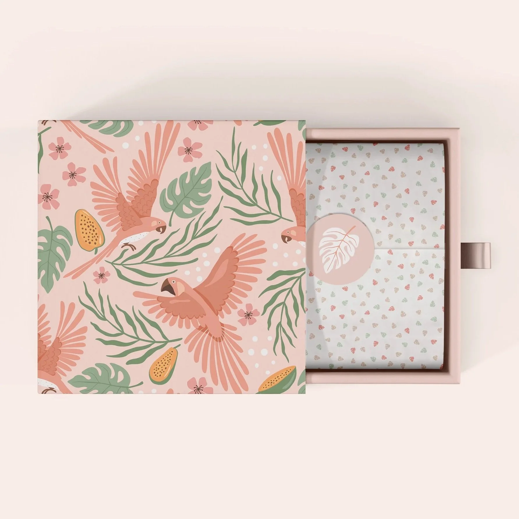 Boutique packaging mockup featuring the Jungle Daydream collection applied to premium gift boxes and coordinated paper goods.
