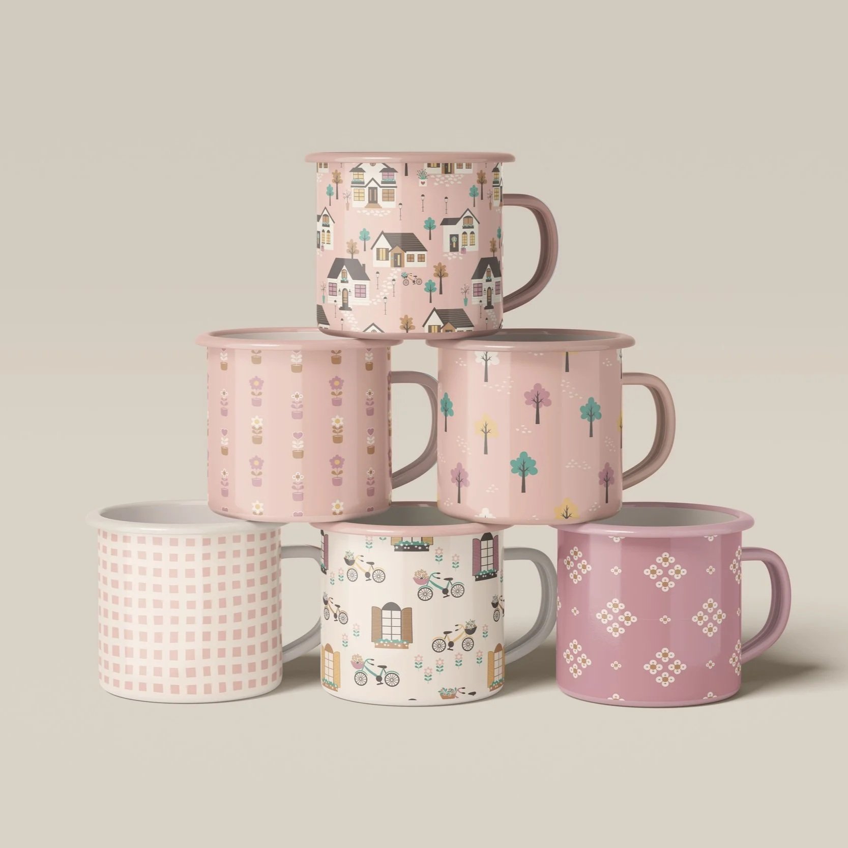 Enamel mug collection featuring the Love Lives Here surface pattern collection designed for drinkware, gift collections and lifestyle products.