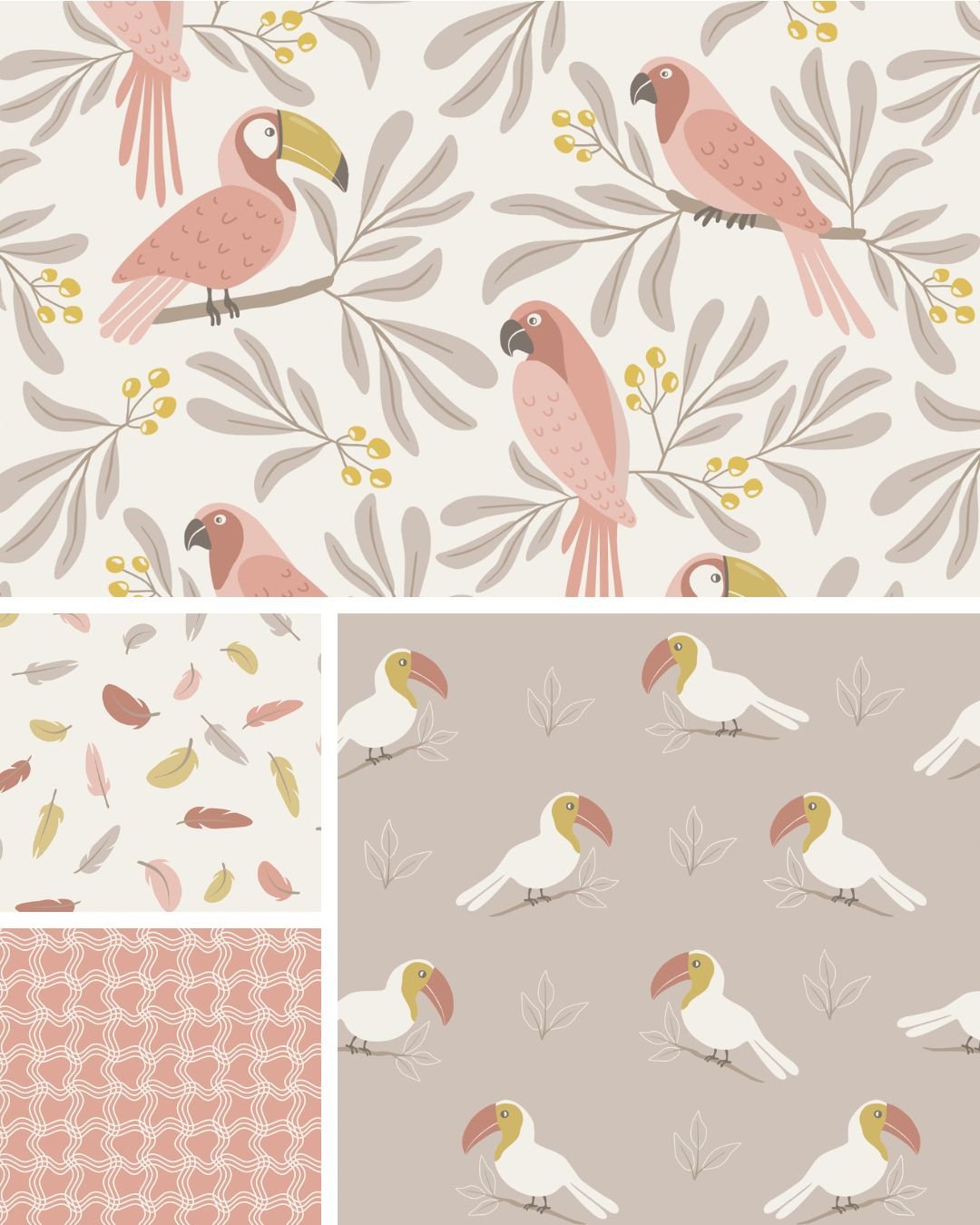 Parrot Garden surface pattern collection featuring parrots, tropical branches and earthy botanical elements.