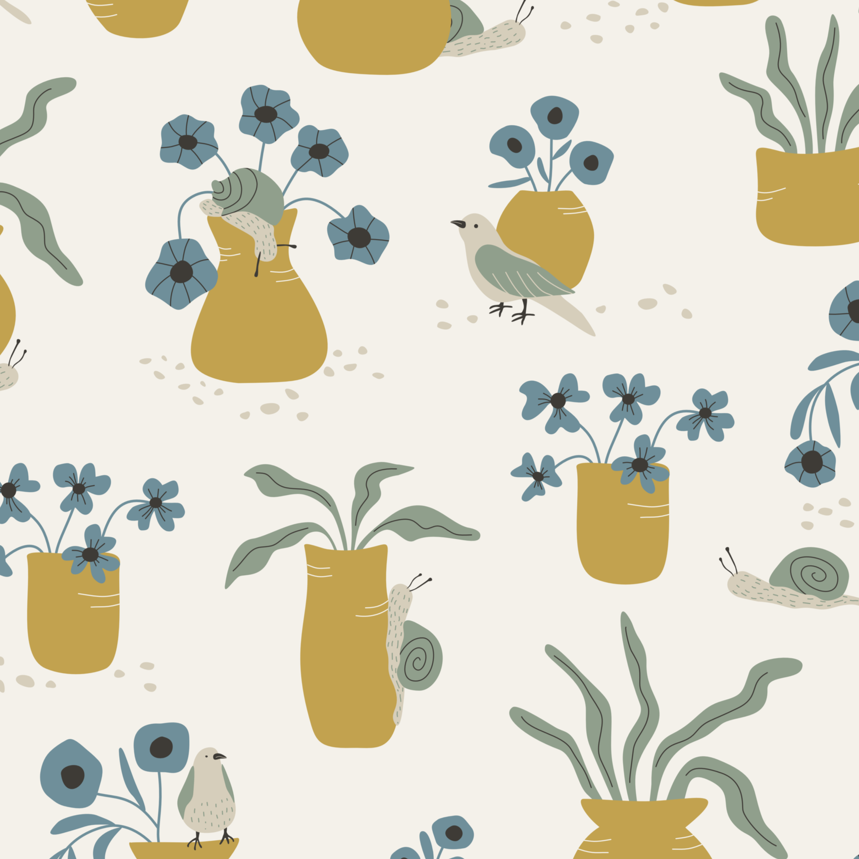 Garden Poetry pattern collection with illustrated vases, flowers and potted plants in a quiet, whimsical garden style.
