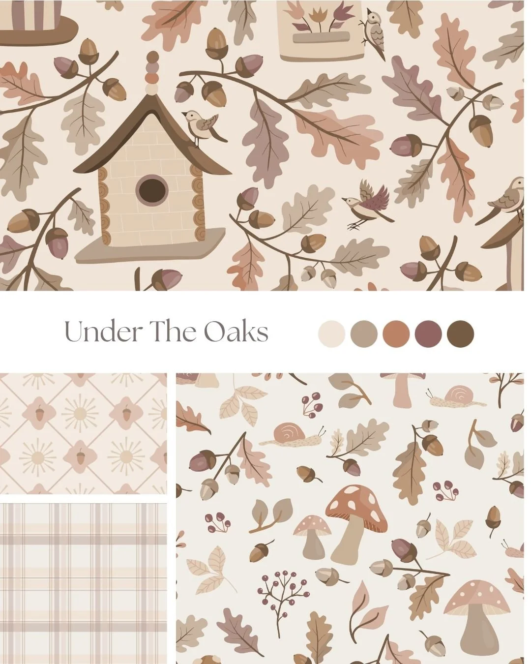 Under the Oaks surface pattern collection by Mia Daniela Design, featuring oak leaves, acorns, birdhouses, mushrooms and warm autumn plaid coordinates.