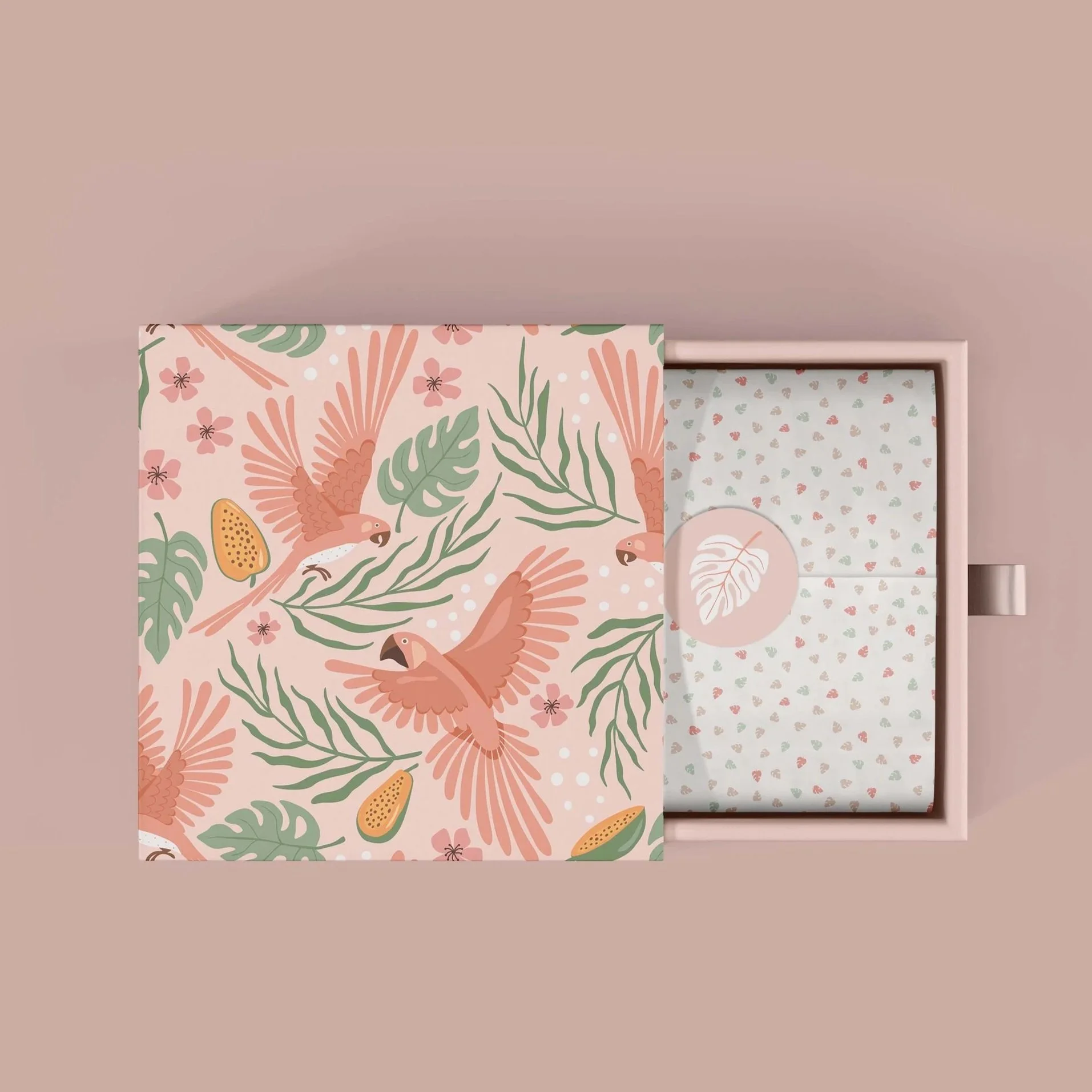 Jungle Daydream tropical bird pattern applied to a boutique rigid gift box