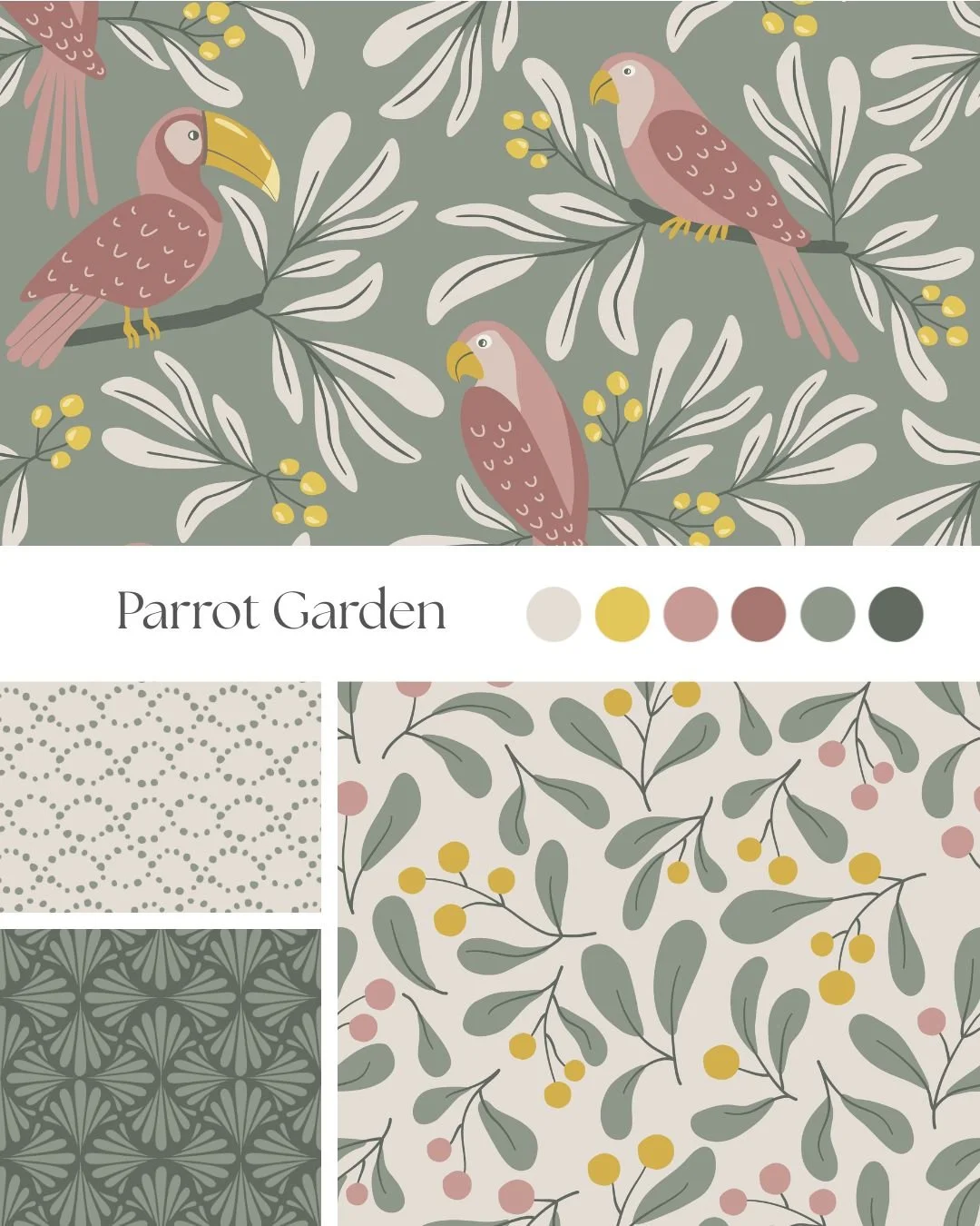 Parrot Garden surface pattern collection featuring parrots, branches and earthy botanical elements.