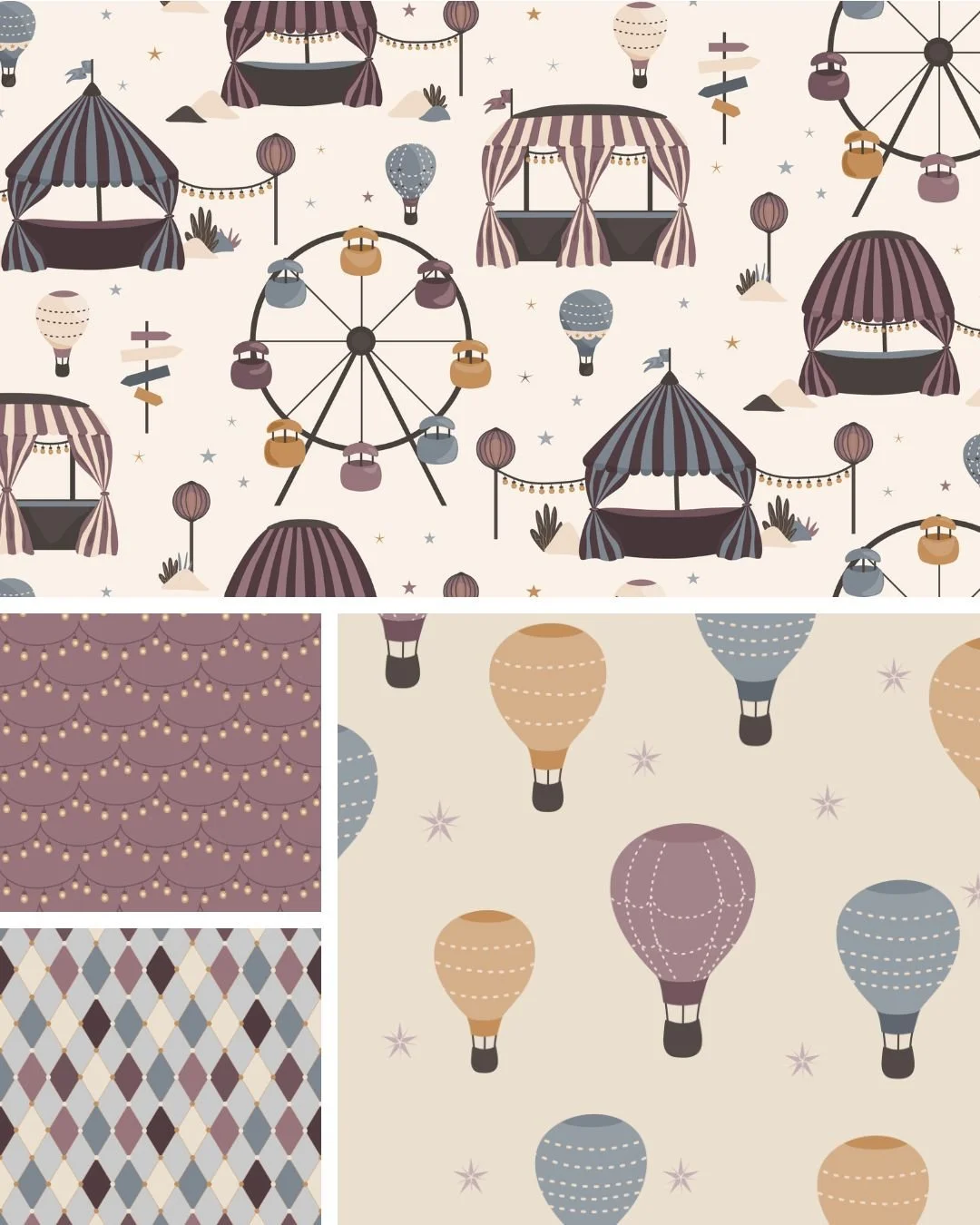 Dusk Fairground surface pattern collection inspired by vintage fairgrounds with ferris wheels, tents, hot air balloons and festival lights.