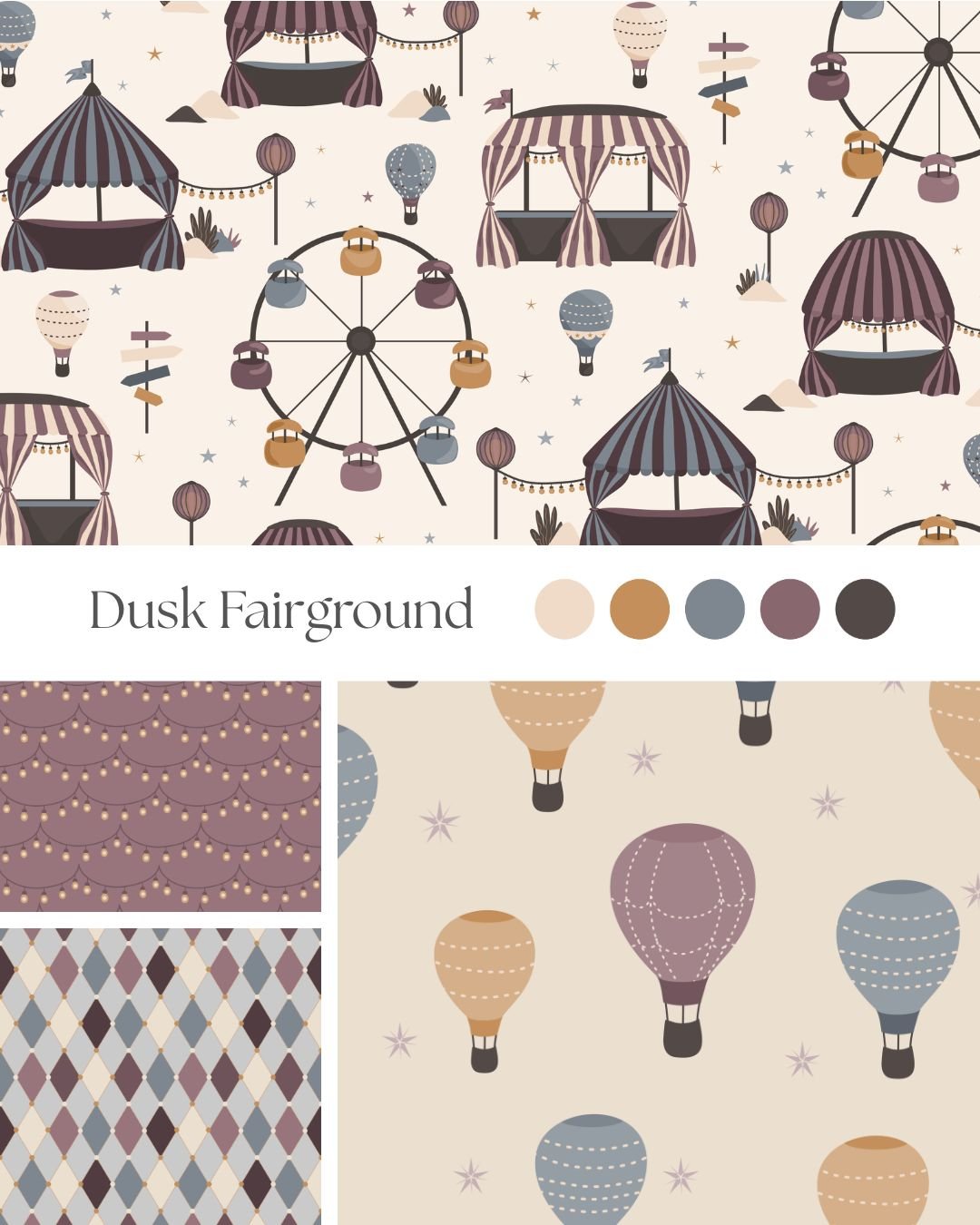 Dusk Fairground surface pattern collection inspired by vintage fairgrounds with ferris wheels, tents, hot air balloons and festival lights.