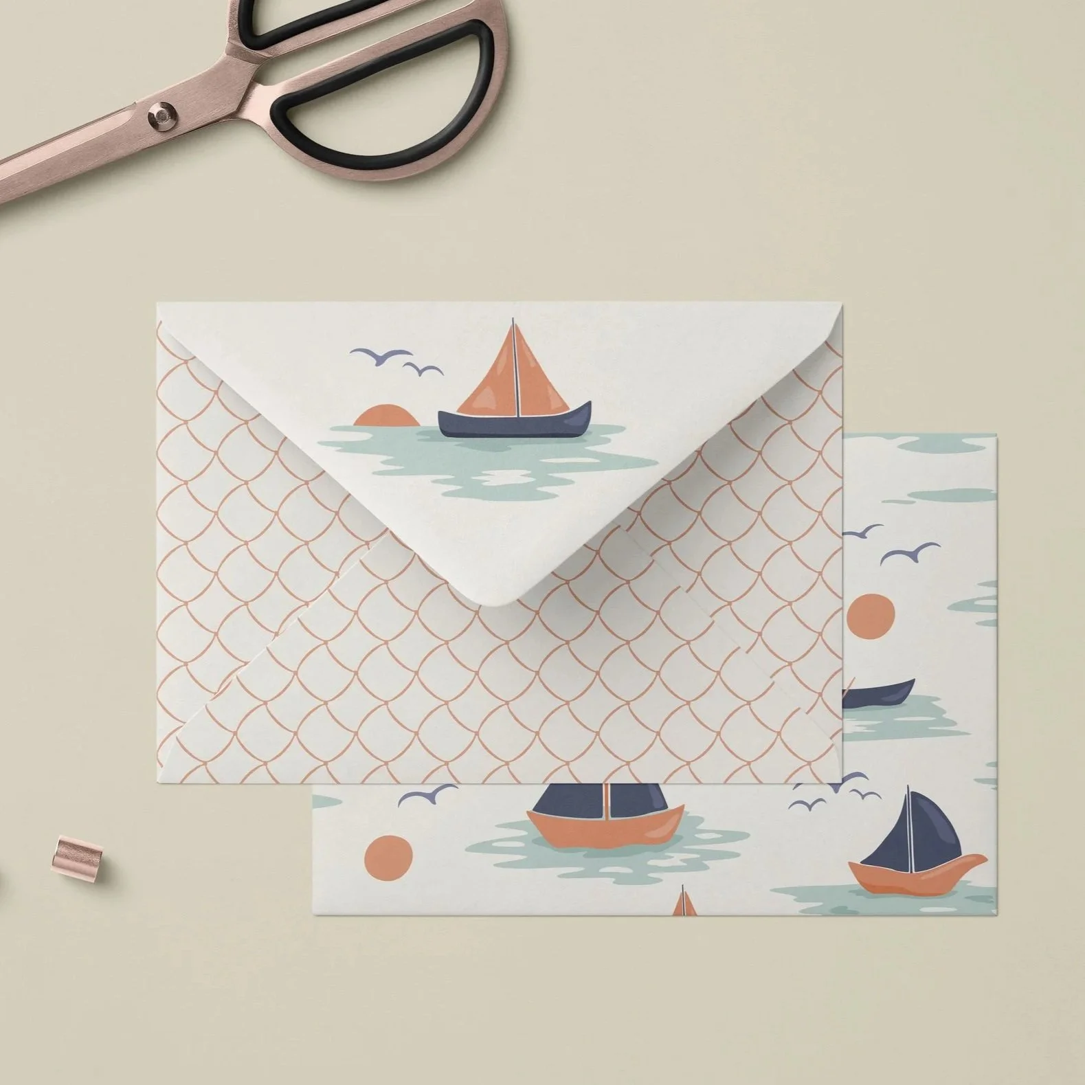 Paper goods mockup featuring the Dusk Sailing collection applied to greeting cards, envelopes and coordinated stationery.