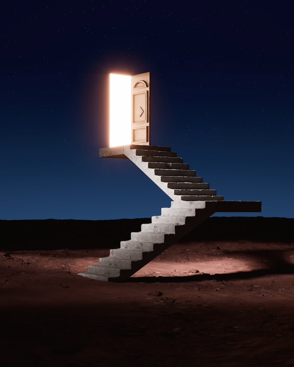A staircase made of stone blocks leading up to an open door on a platform, with bright light shining through the door, set against a dark night sky with stars.