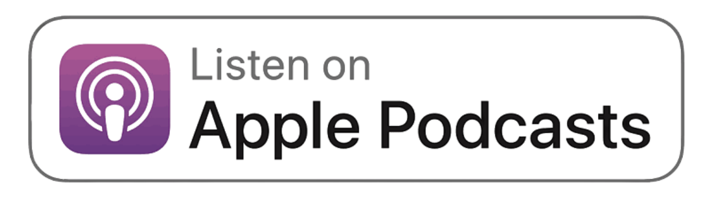 Button for listening to Apple Podcasts with purple podcast icon and black text