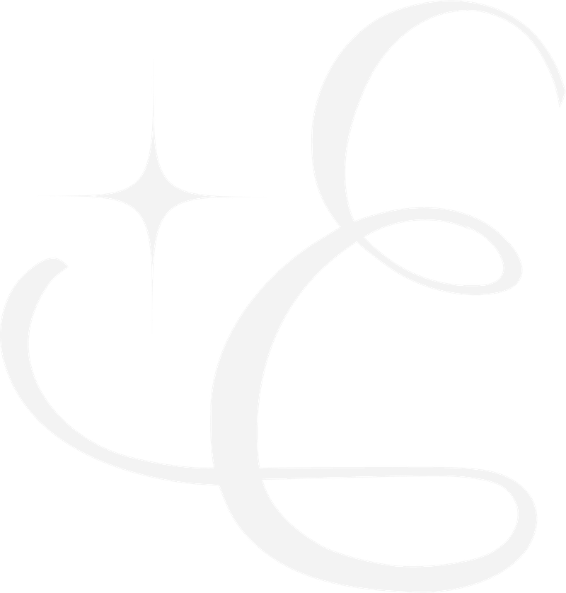 A white stylized letter 'E' with a star-like shape near the top left on a black background.