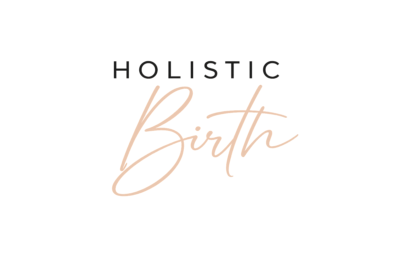 Das Bild zeigt ein Logo mit den Worten 'Holistic Birth' auf schwarzem Hintergrund, wobei 'Holistic' in kleinen, schwarzen Buchstaben und 'Birth' in großen, eleganten, rosa Schriftarten geschrieben ist.