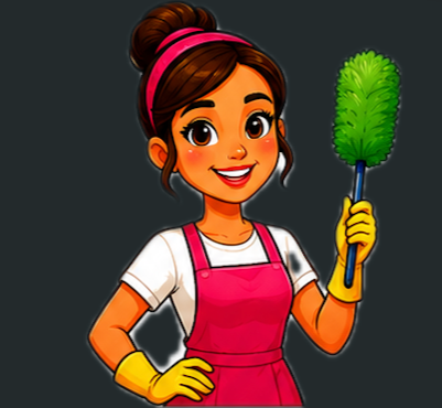 Cartoon girl wearing a pink apron, yellow gloves, and holding a green duster, smiling.