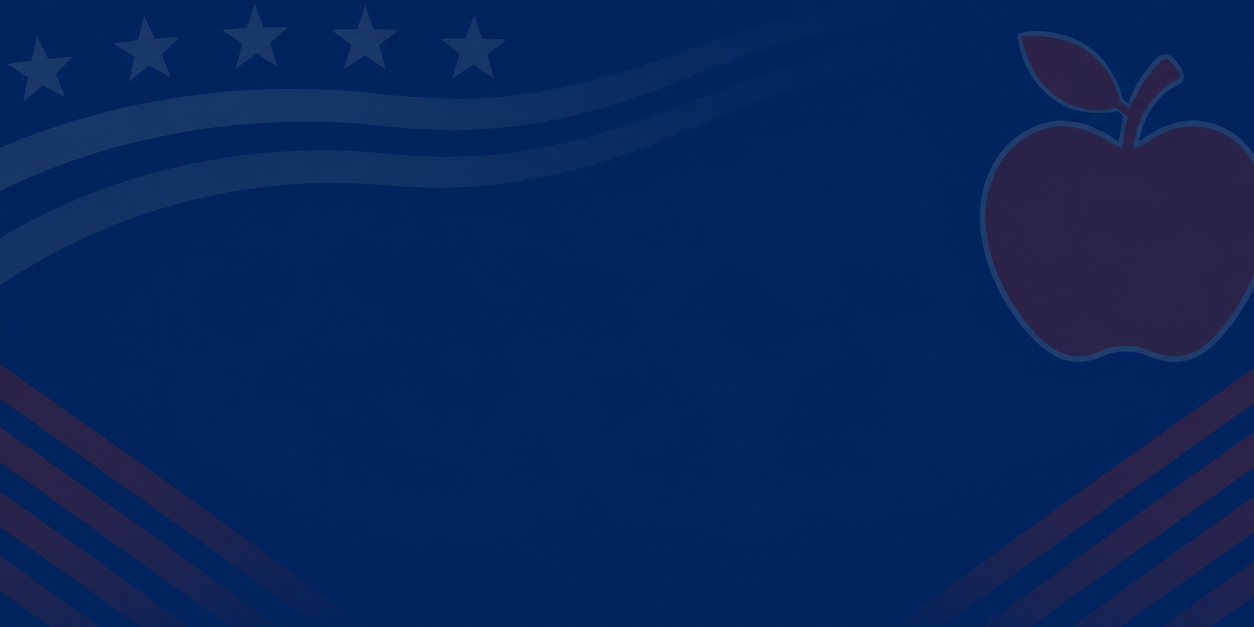 Navy blue banner background image with faded US flag in top corner and faded red apple in top right corner