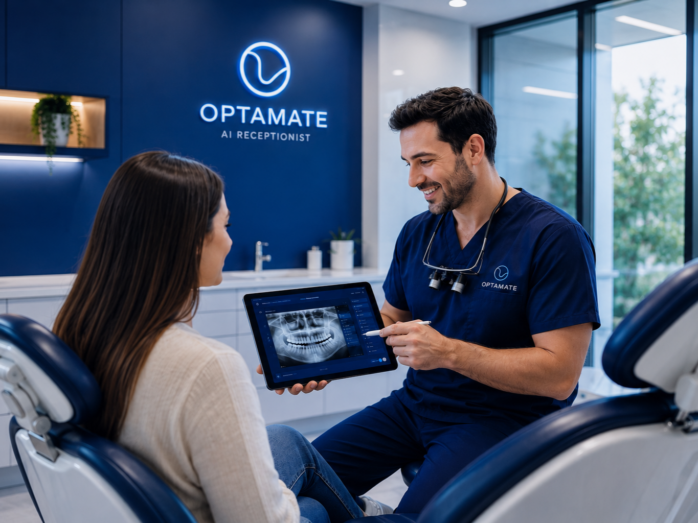 Dentist showing a patient a dental X-ray on a tablet in a dental office with