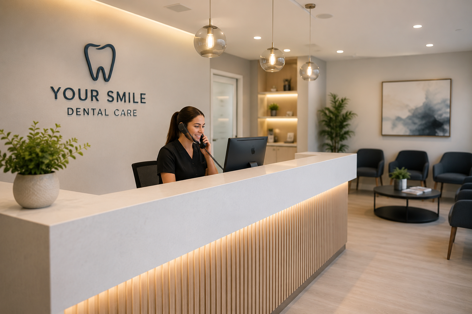 Reception area of a dental clinic with a smiling receptionist talking on the phone at the counter. The clinic has modern decor with a sign that reads 'Your Smile Dental Care' on the wall, and there are chairs and green plants in the waiting area.