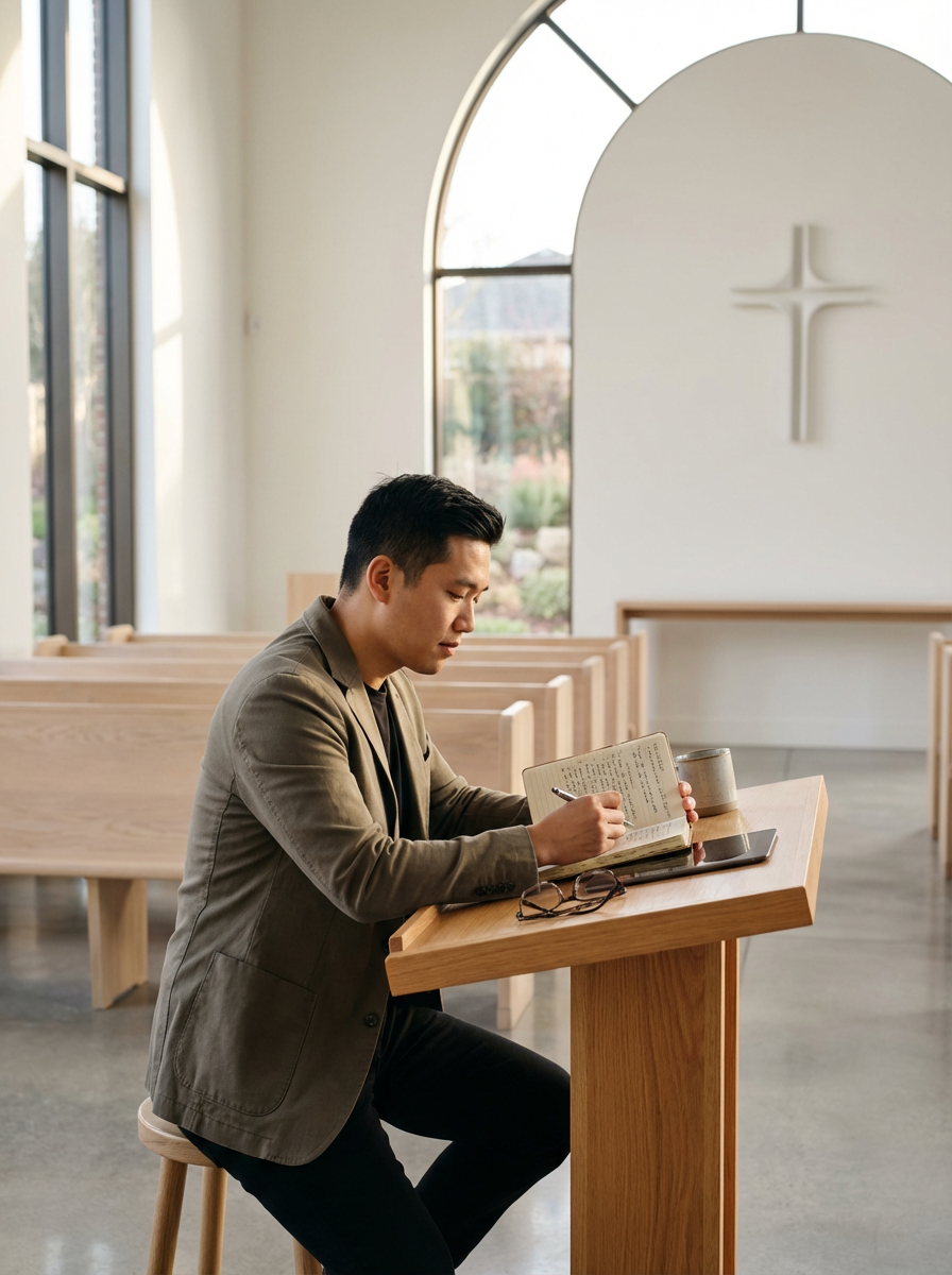 A man sitting at a wooden lectern in a church, reading and writing in a book, with glasses and a coffee mug on the lectern, and a cross on the wall behind him.