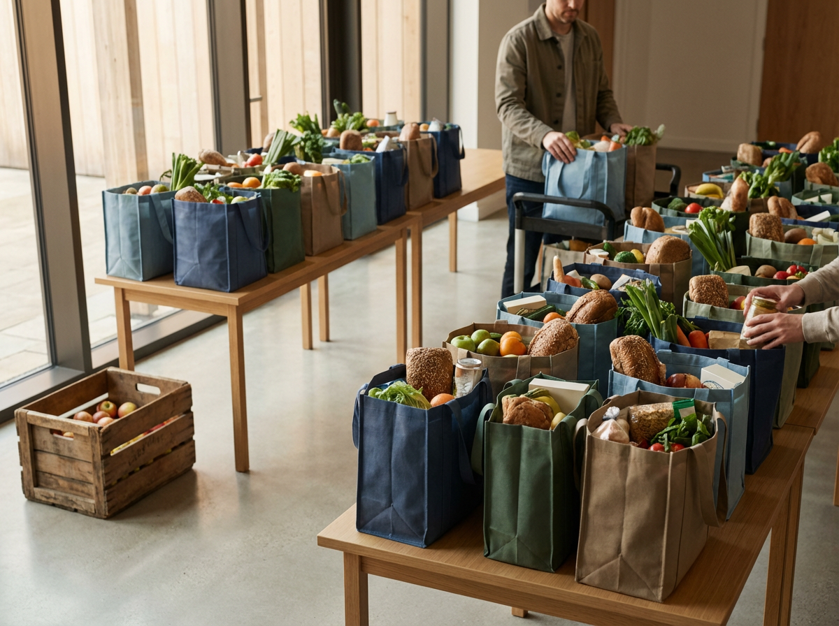 Multiple bags filled with fresh produce line tables for a food giving event, with a person packing oranges and apples.