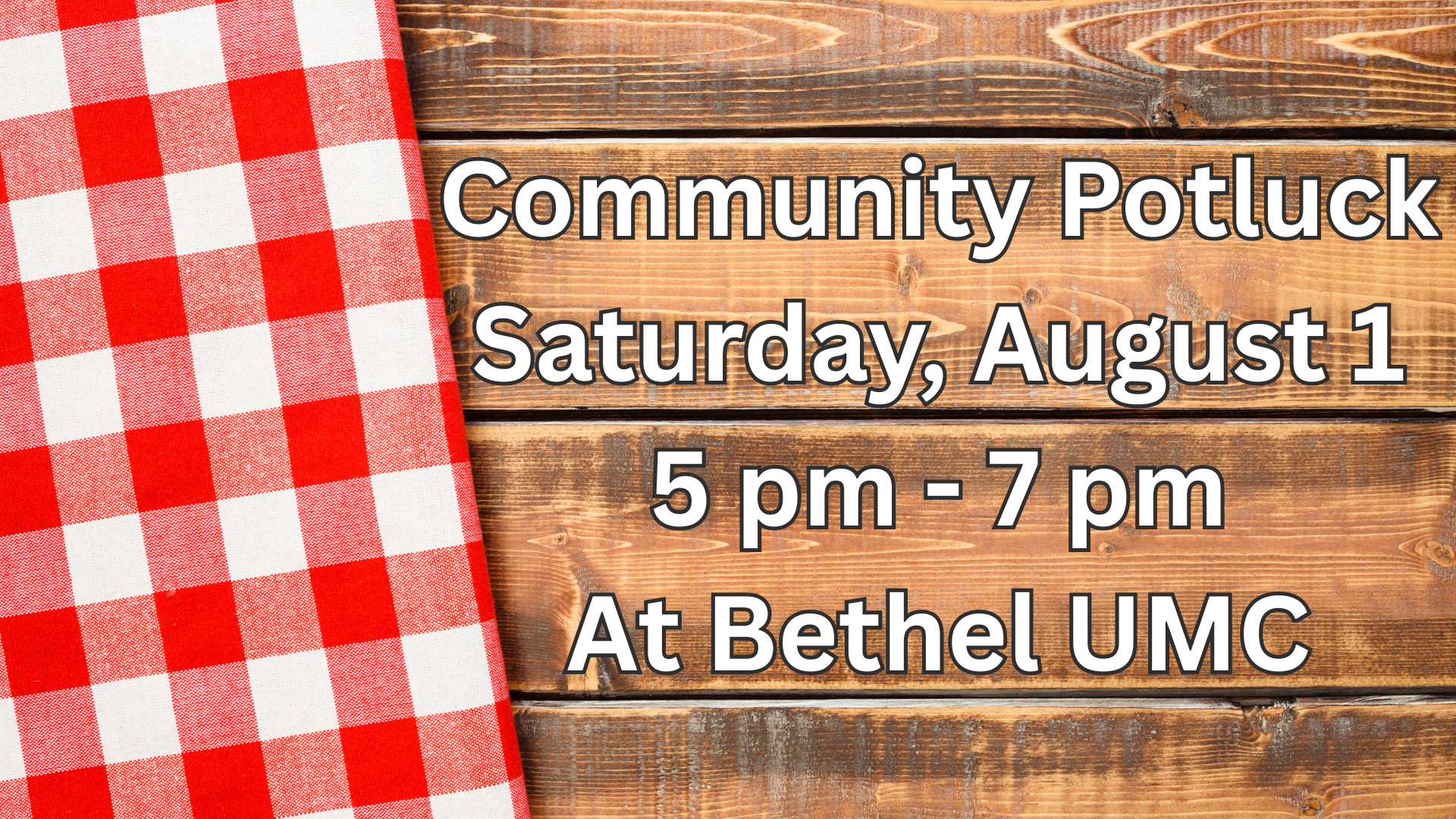 A poster for a community potluck event, featuring a rustic wooden background, a red and white checkered tablecloth on the left side, and black and white text with event details.