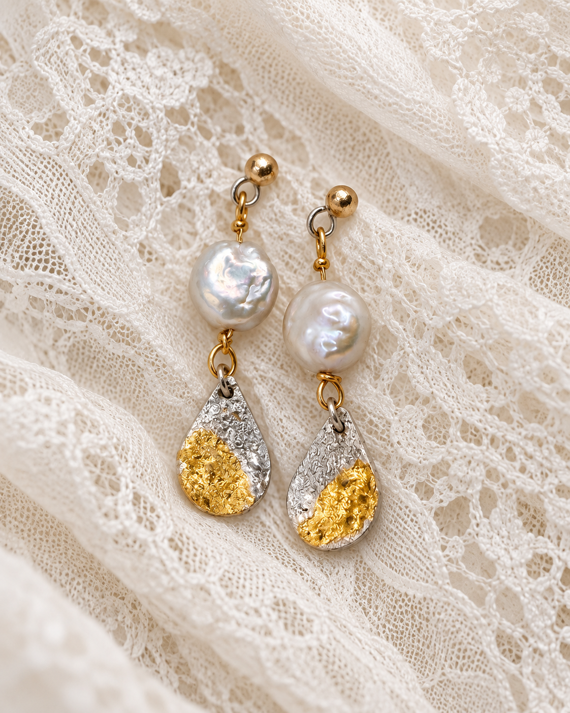Handmade Oriana drop earrings with freshwater coin pearls, reticulated sterling silver, 9ct gold studs and 24ct gold leaf