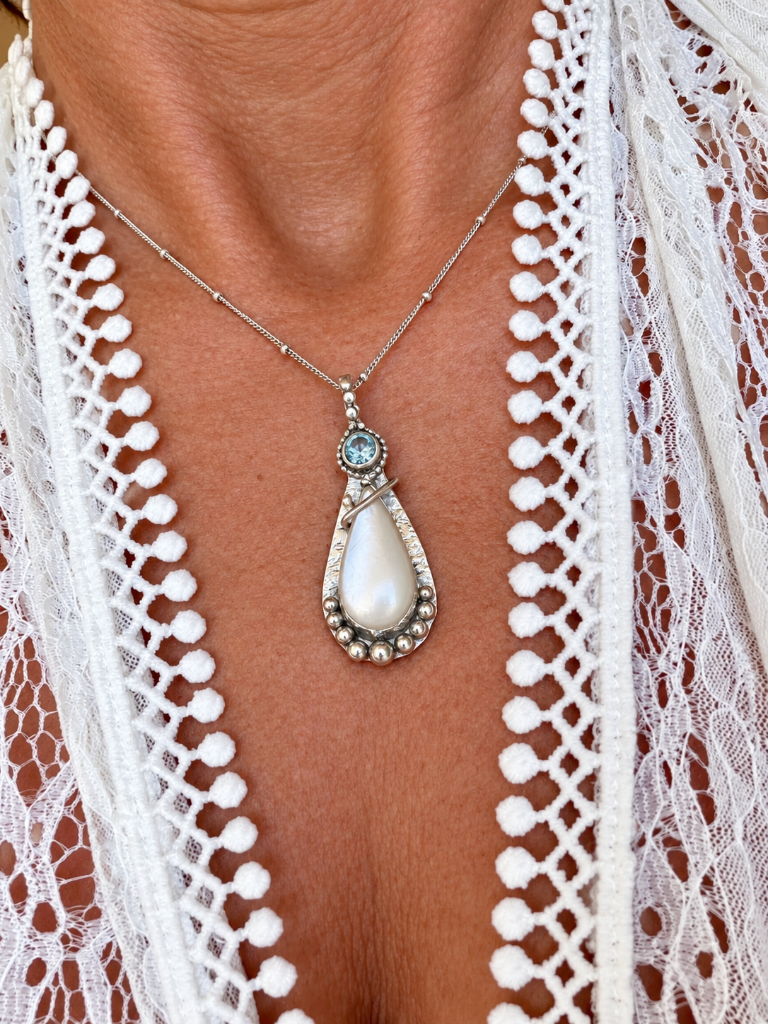 ‘Selene’ – Sterling Silver Pearl & Blue CZ Pendant