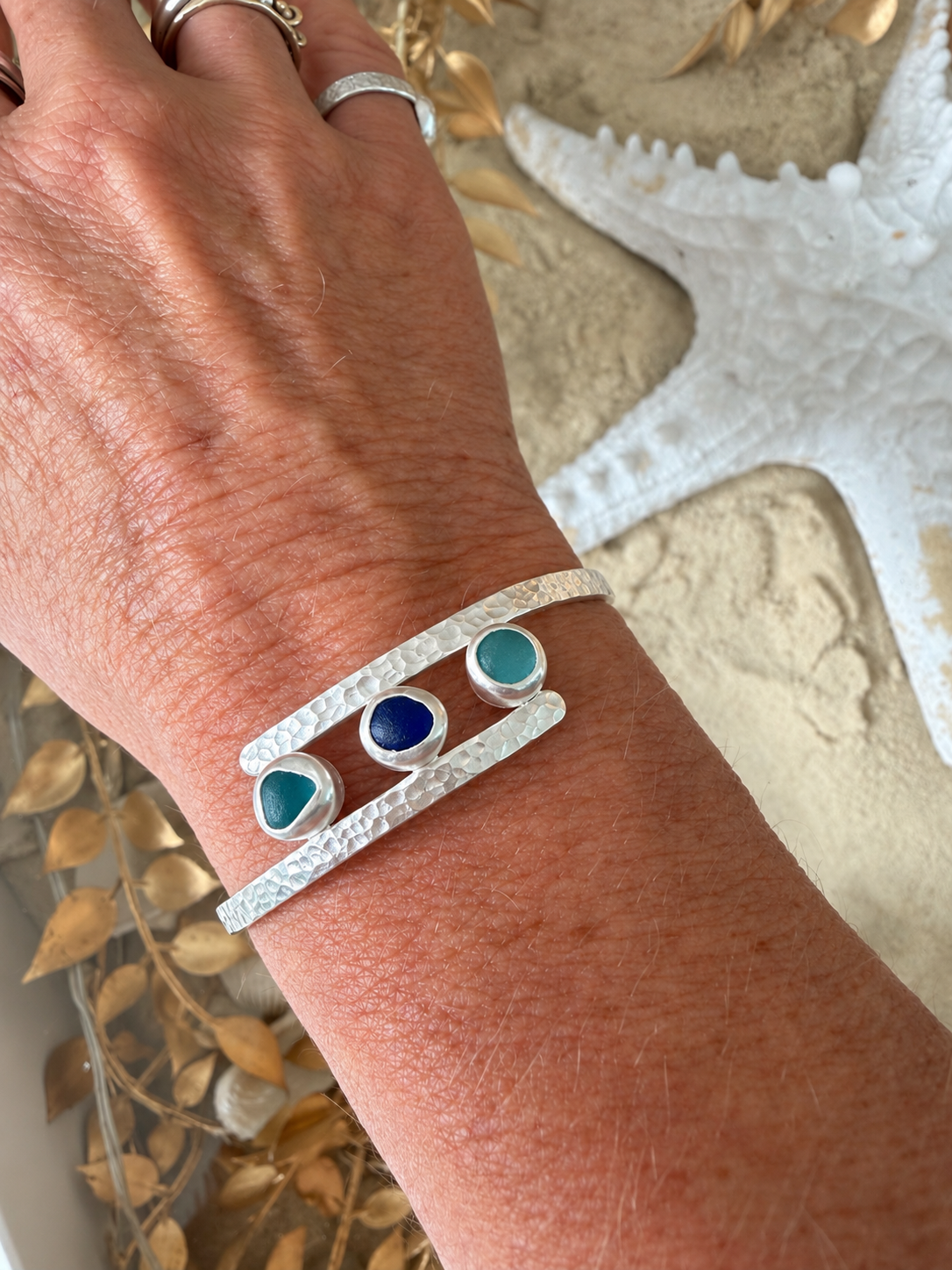 ‘Cove’ - Sea Glass Trio Silver Bangle