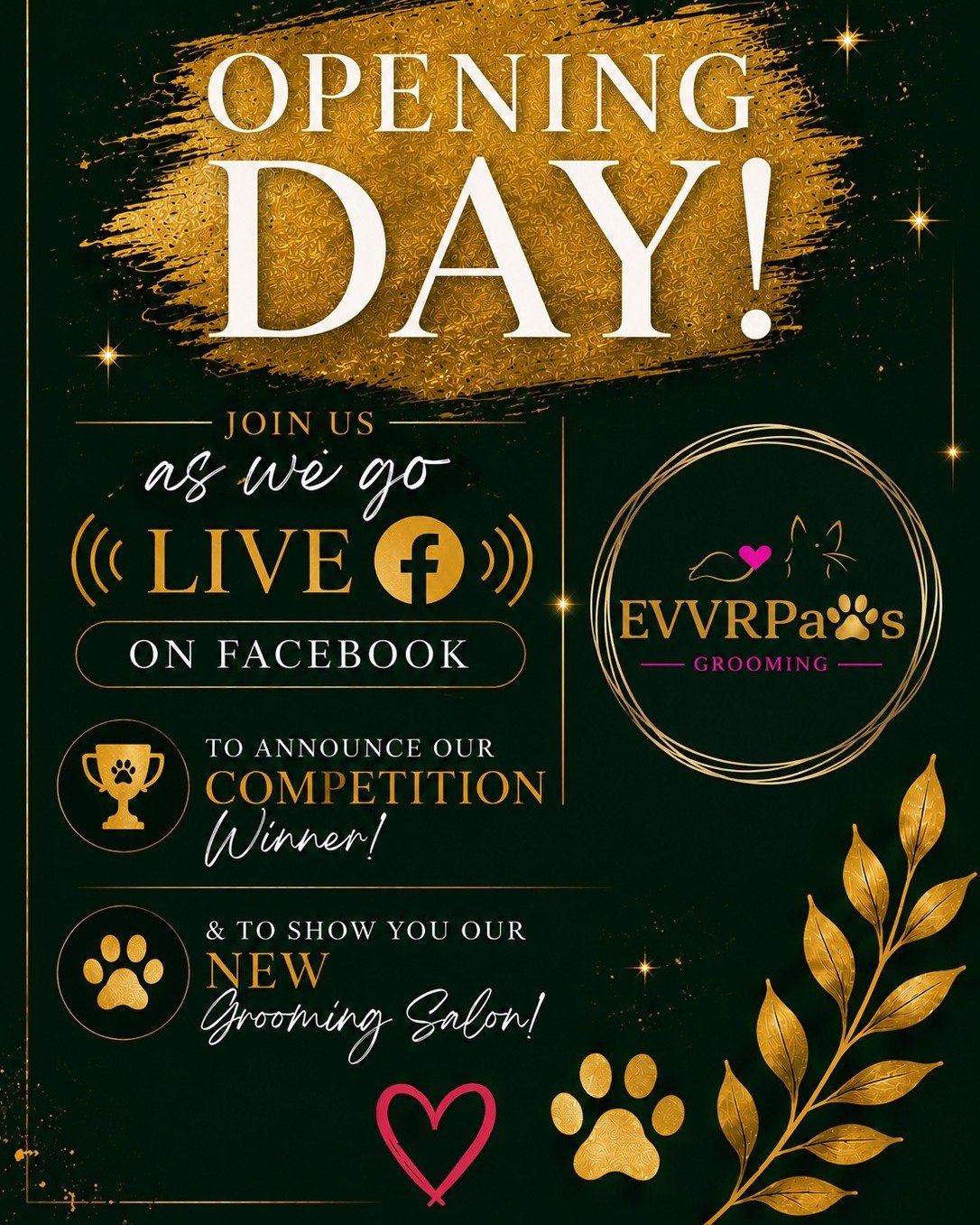 🎉 THE WAIT IS OVER... TODAY IS OPENING DAY! 🐾💚

The doors to EVVRPaws Grooming are officially OPEN! ✂️🐶🐱

We can't wait to welcome you and your furry family members into our brand-new grooming salon, where every pet receives the royal treatment.