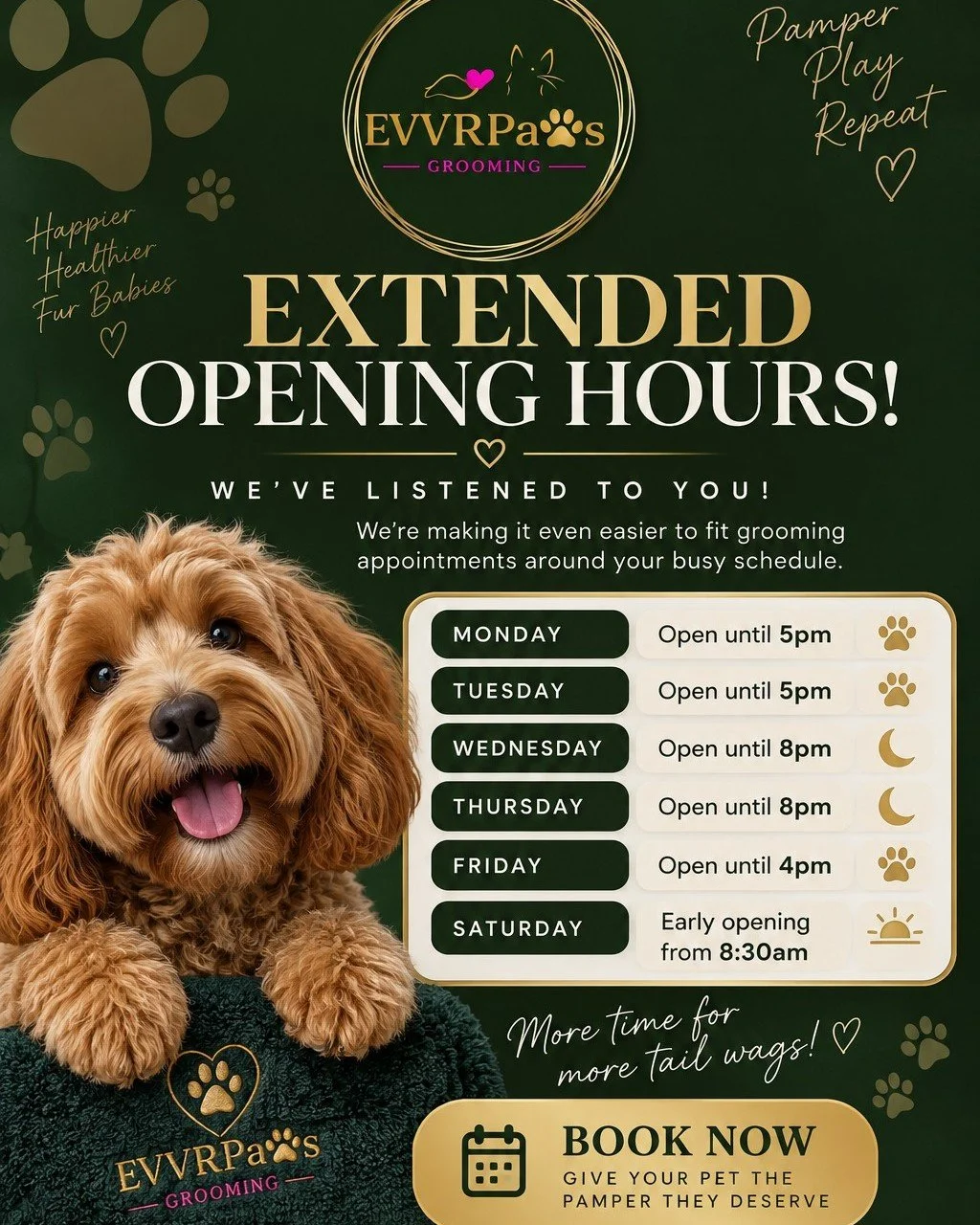 Appointments Available Next Week! 

Treat your pup to the pampering they deserve! 💚

We have limited grooming appointments available on:

📅 Monday 28th September
📅Wednesday 30th September
📅Thursday 1st October

Whether your dog needs a full groom
